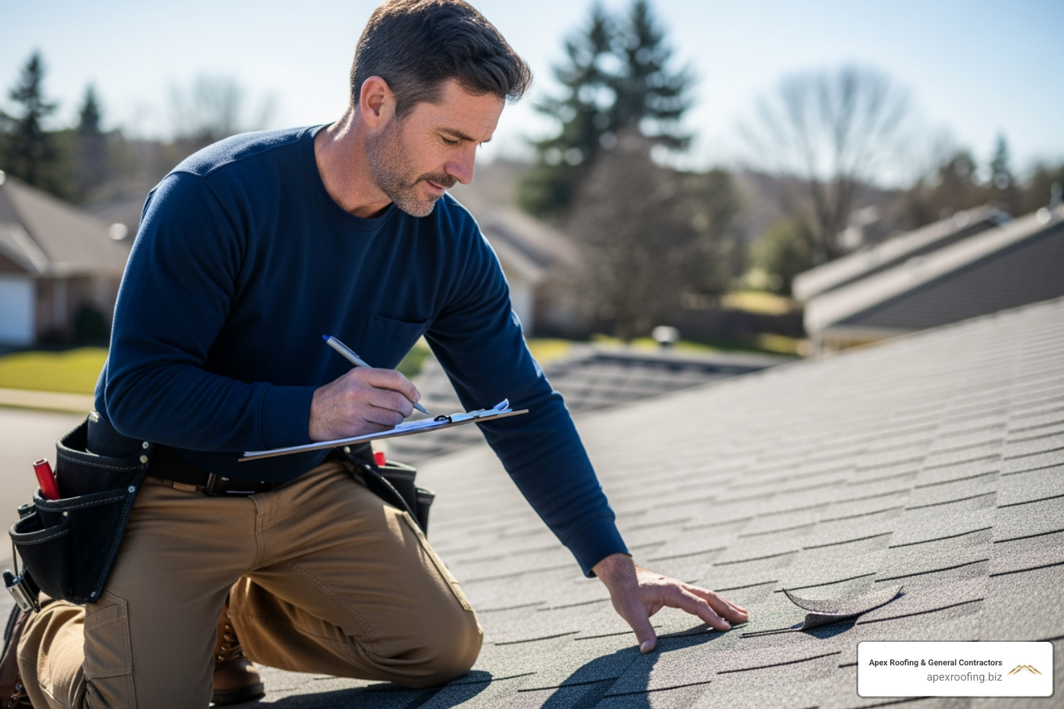 A roofing contractor inspecting a shingle roof with a clipboard - cost to fix roof shingles A roofing contractor inspecting a shingle roof with a clipboard - cost to fix roof shingles