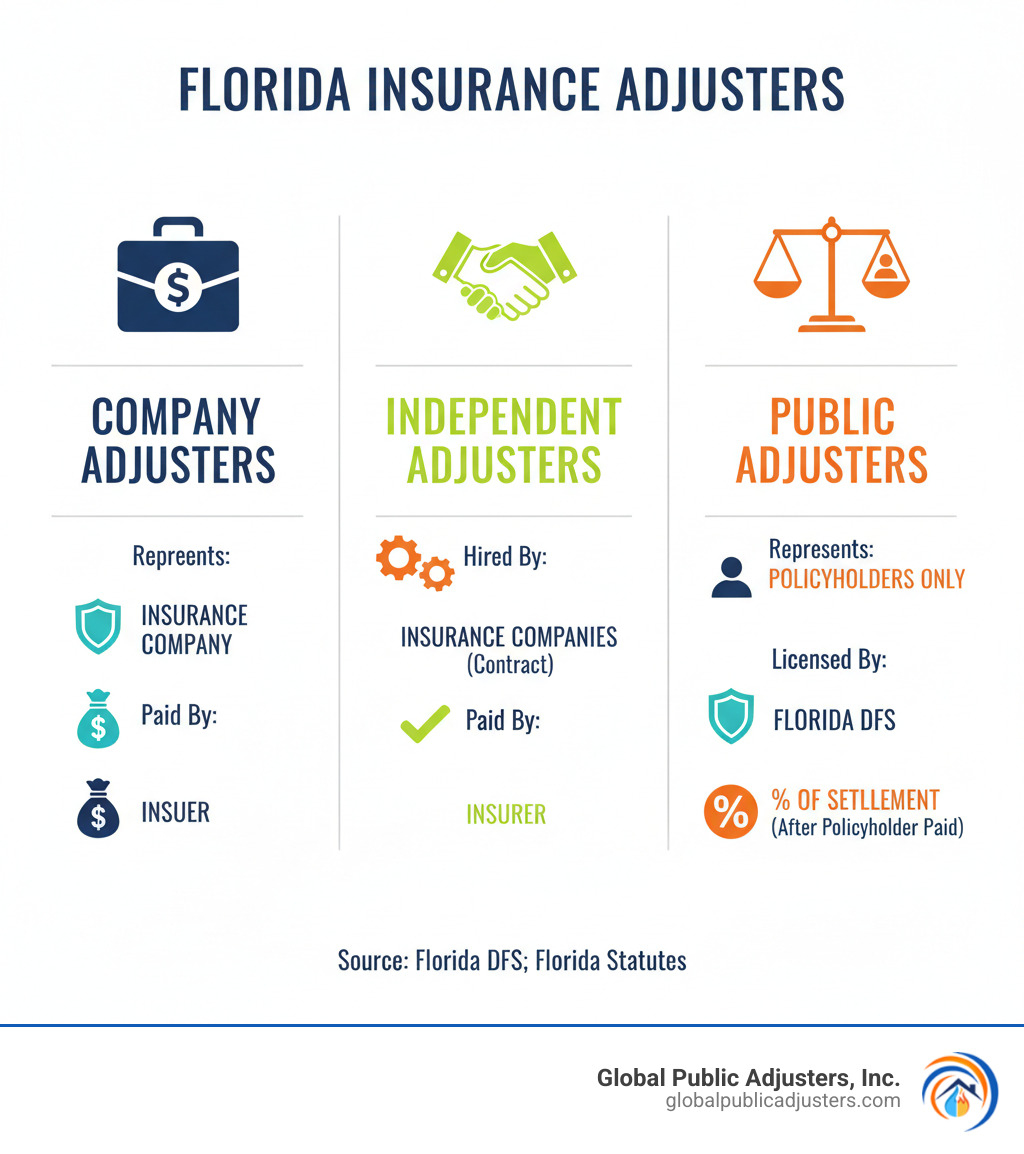 Infographic showing three types of insurance adjusters in Florida: Company Adjusters who represent the insurance company's interests and are paid by the insurer; Independent Adjusters who are hired by insurance companies on contract; and Public Adjusters who represent policyholders exclusively, are licensed by Florida DFS, and are paid a percentage of the claim settlement only after the policyholder is paid - public adjuster florida infographic 