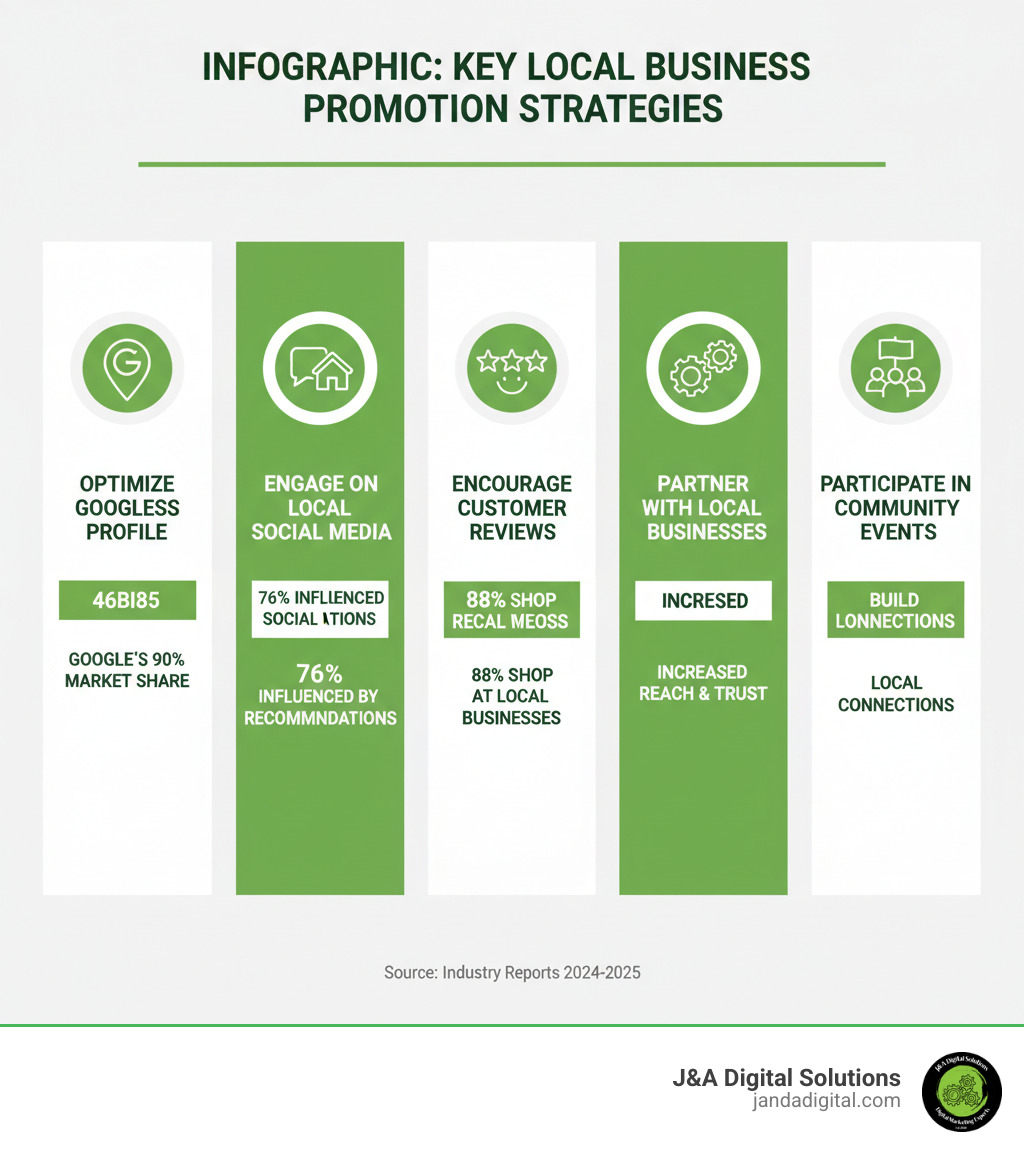 Infographic: Key Local Business Promotion Strategies. Visually represents the top tactics for local business promotion, including 'Optimize Google Business Profile', 'Engage on Local Social Media (e.g., Nextdoor)', 'Encourage Customer Reviews', 'Partner with Local Businesses', and 'Participate in Community Events'. Each point is accompanied by a relevant statistic, such as 'Google's 90%+ market share', '76% influenced by Nextdoor recommendations', and '88% shop at local businesses'. - how to promote your business locally infographic 