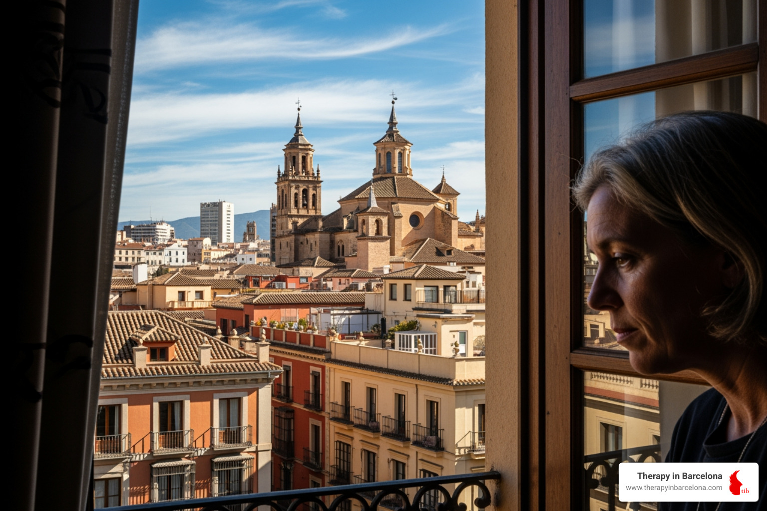 Person looking thoughtfully out a window over a Spanish city - EMDR Therapy Spain Person looking thoughtfully out a window over a Spanish city - EMDR Therapy Spain