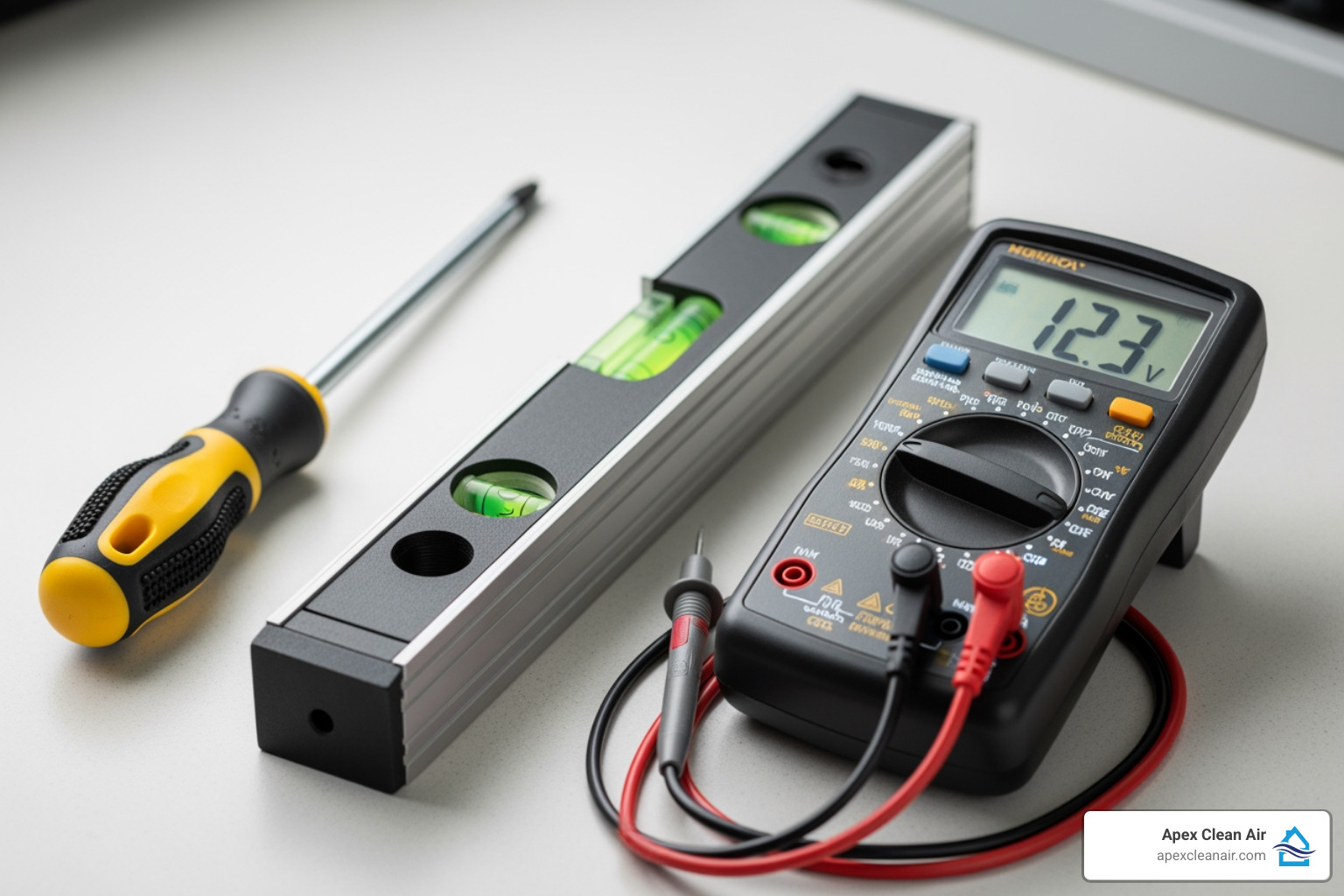 A toolkit with a screwdriver, level, and multimeter laid out - thermostat repair