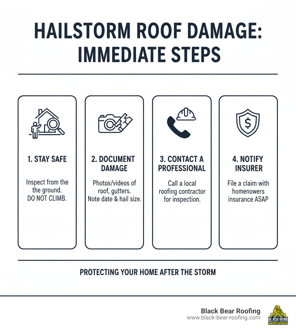 Infographic detailing immediate steps after a hailstorm to assess and report roof damage - hilliard roof hail damage repair infographic 