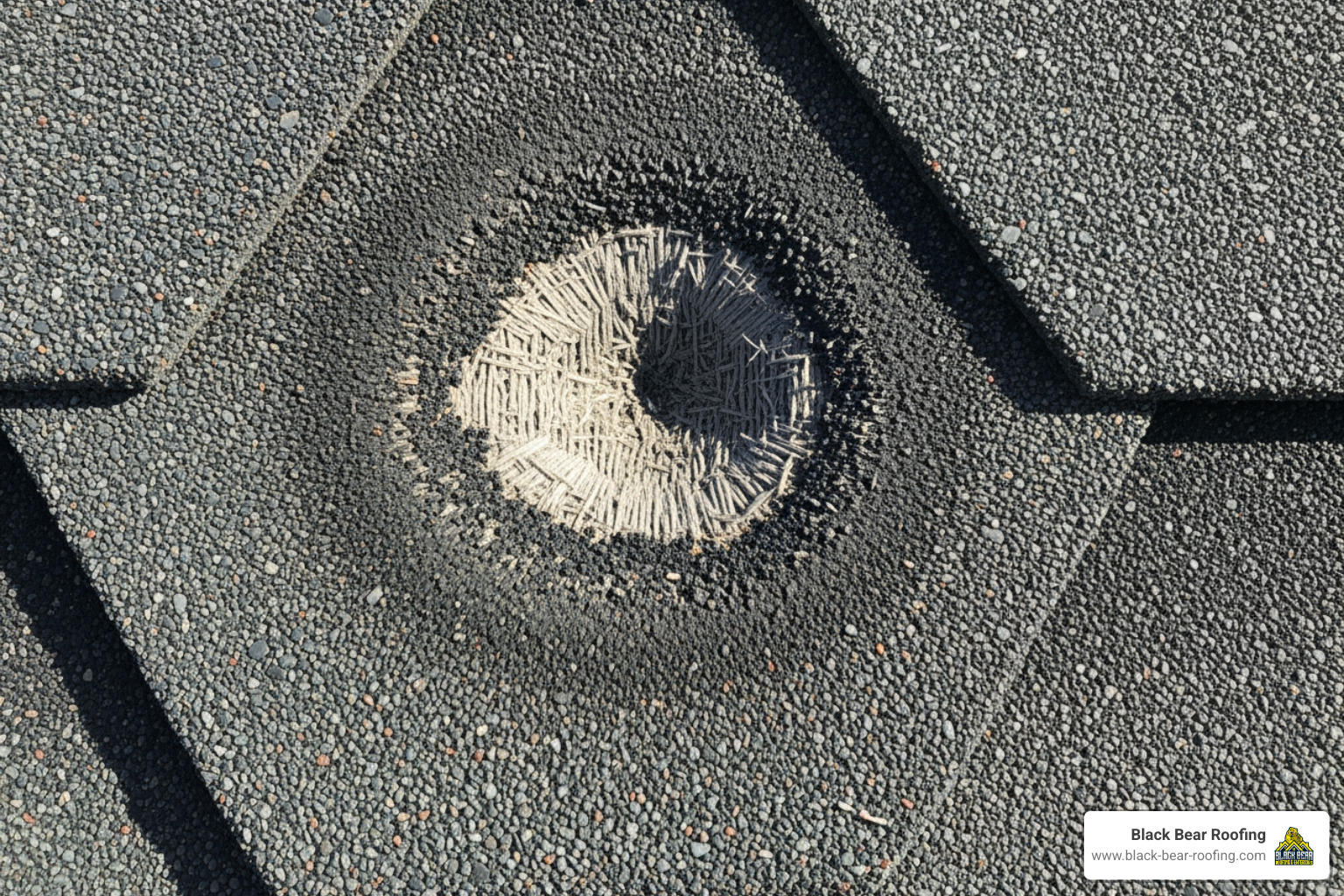 close-up of hail "bruising" on a shingle - hilliard roof hail damage repair