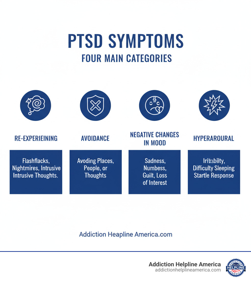 Infographic explaining the four main categories of PTSD symptoms: Re-experiencing, Avoidance, Negative Changes in Mood, and Hyperarousal. - PTSD treatment centers infographic Infographic explaining the four main categories of PTSD symptoms: Re-experiencing, Avoidance, Negative Changes in Mood, and Hyperarousal. - PTSD treatment centers infographic