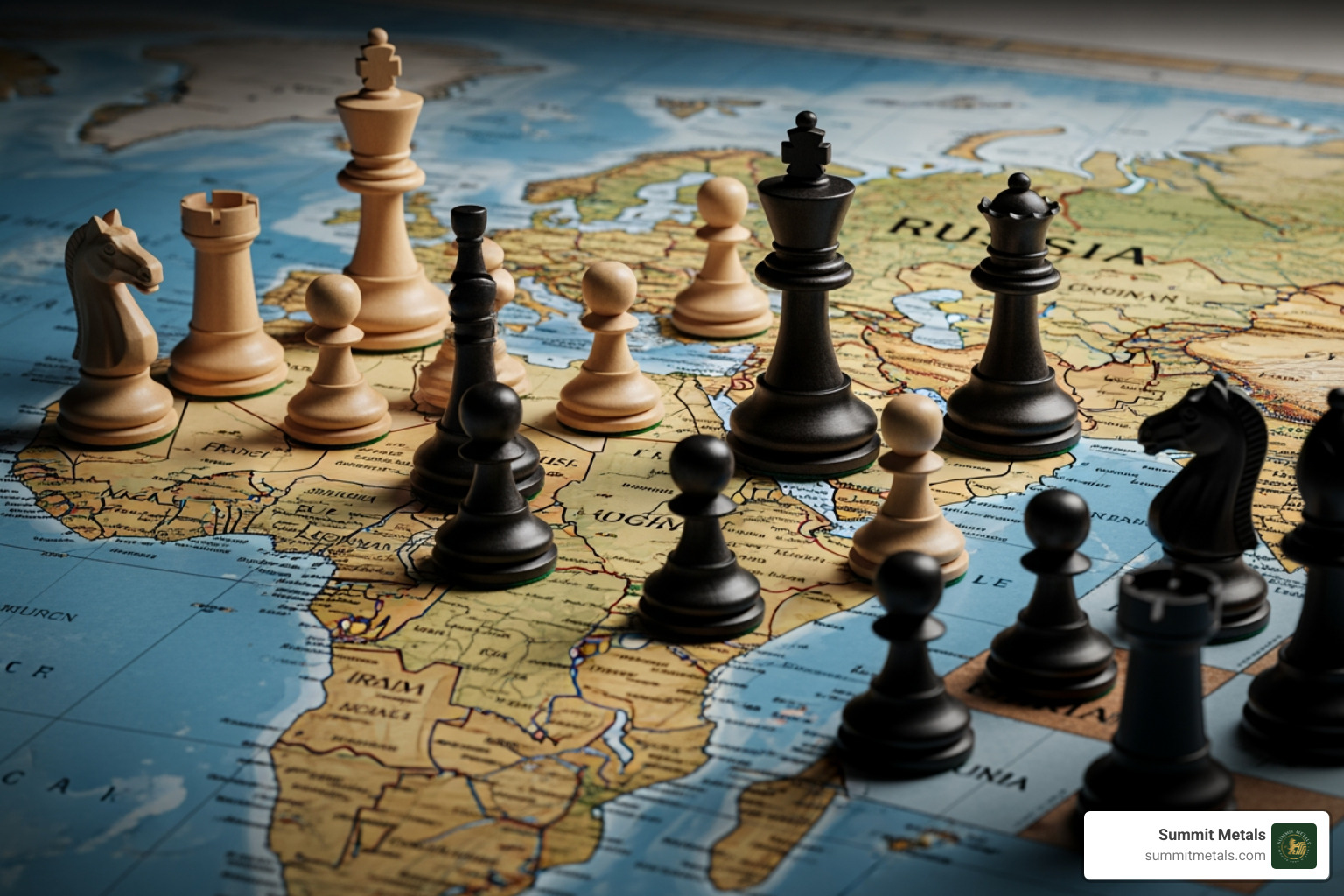chess pieces on a world map, representing geopolitical strategy - precious metal prices chart 2026