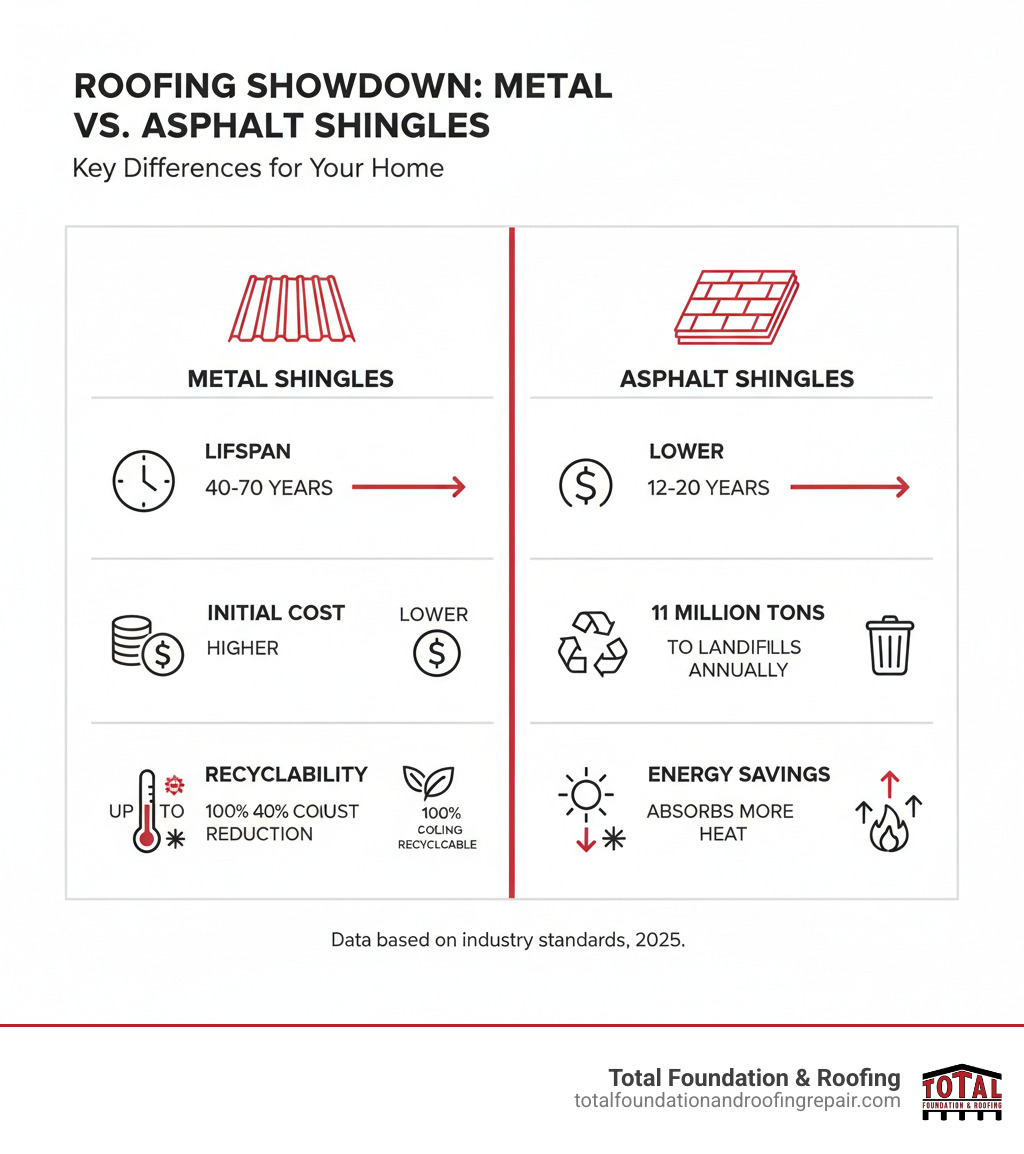 Infographic comparing lifespan, cost, recyclability, and energy savings of metal vs. asphalt shingles - Shingle and metal roof infographic 