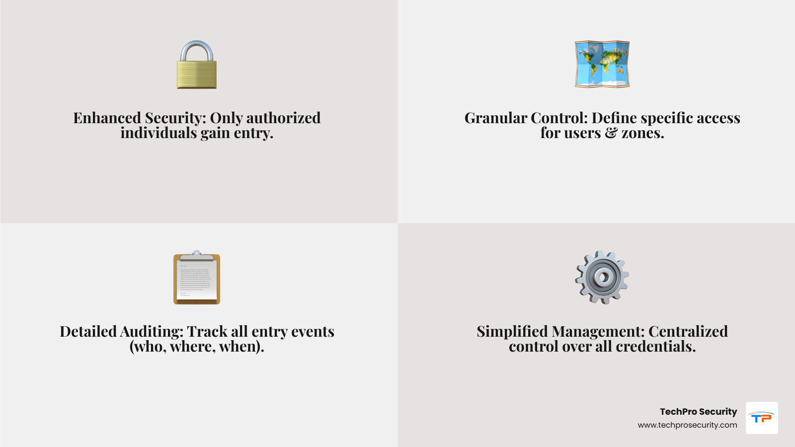 Infographic showing the four core benefits of access control card readers: Improved Security with icon of shield and lock, Granular Control with icon of user permissions and zones, Detailed Auditing with icon of clipboard and timeline, and Simplified Management with icon of cloud dashboard - access control card readers infographic 4_facts_emoji_grey