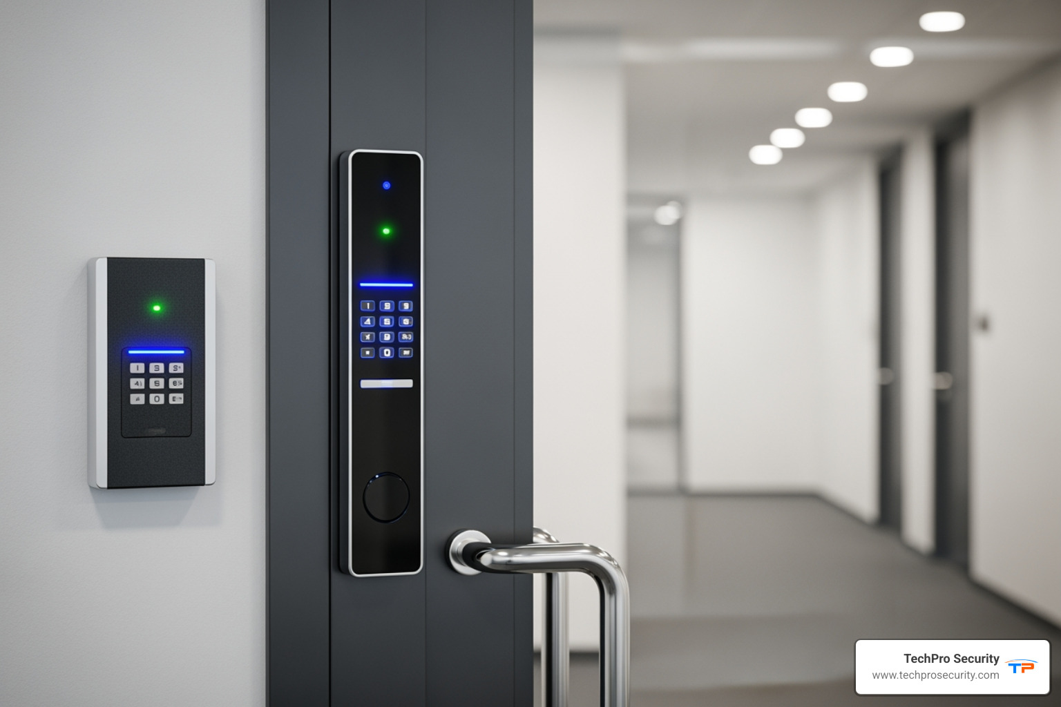 a narrow mullion reader on a door frame next to a standard single-gang reader on a wall - access control card readers