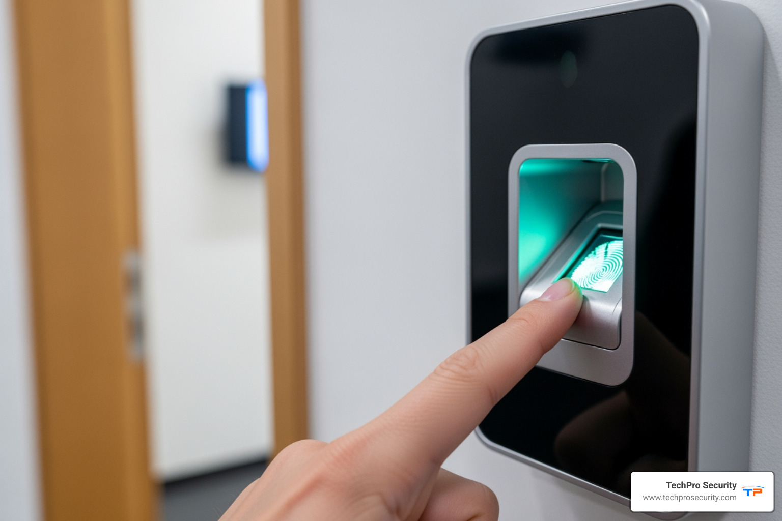 a person using a fingerprint reader to enter a secure area - access control card readers