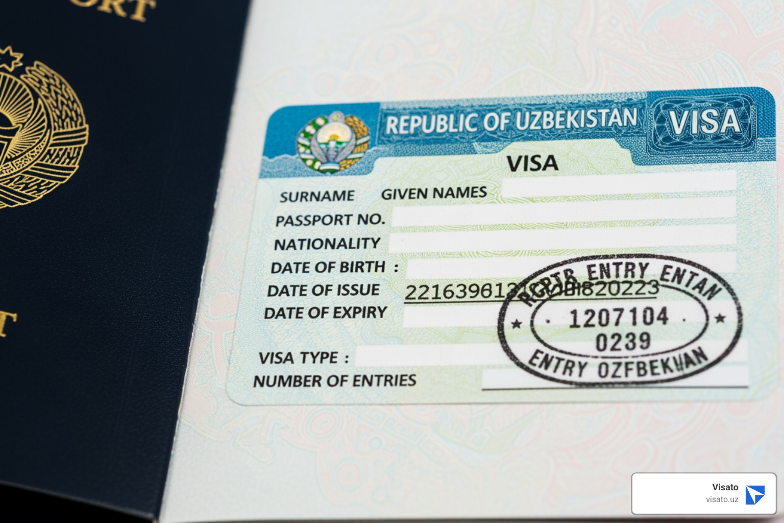of a passport page with a traditional Uzbekistan visa - Uzbekistan e-visa fees