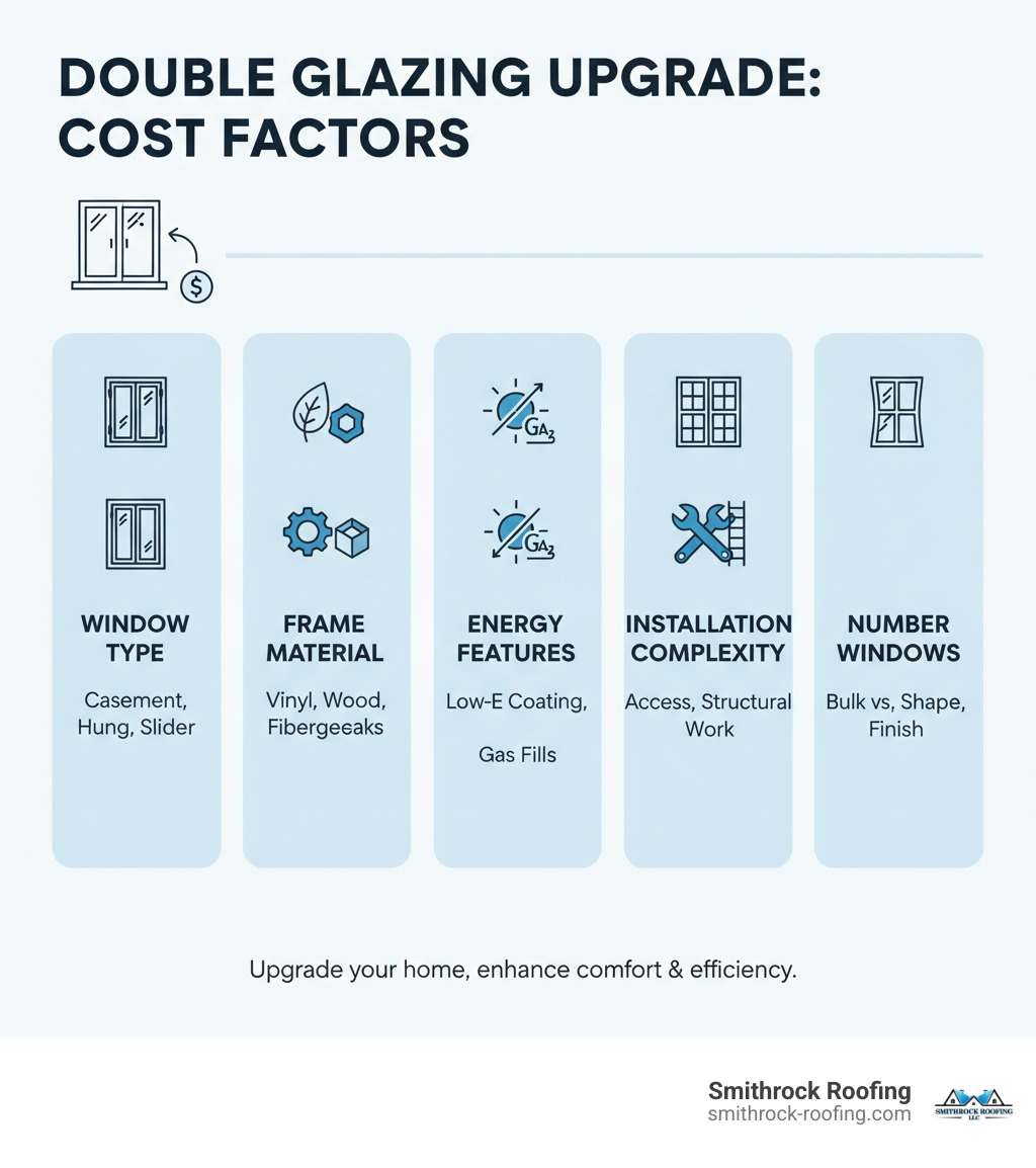 Infographic detailing factors influencing the cost of replacing single glazed windows with double glazing, including window type, frame material, energy-efficient features, installation complexity, number of windows, and customization options. - cost of replacing single glazed windows with double glazing infographic 
