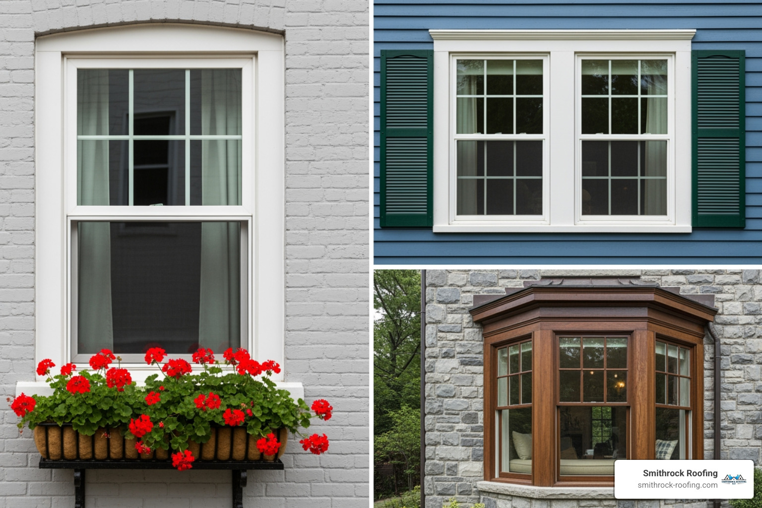 Collage showcasing various window styles like casement, double-hung, and bay windows - cost of replacing single glazed windows with double glazing