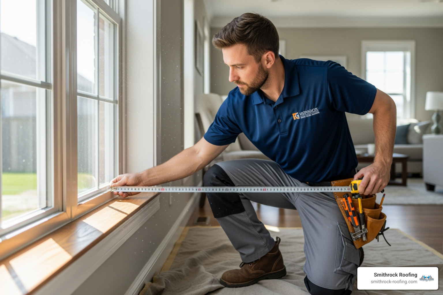 Professional measuring a window for replacement - cost of replacing single glazed windows with double glazing