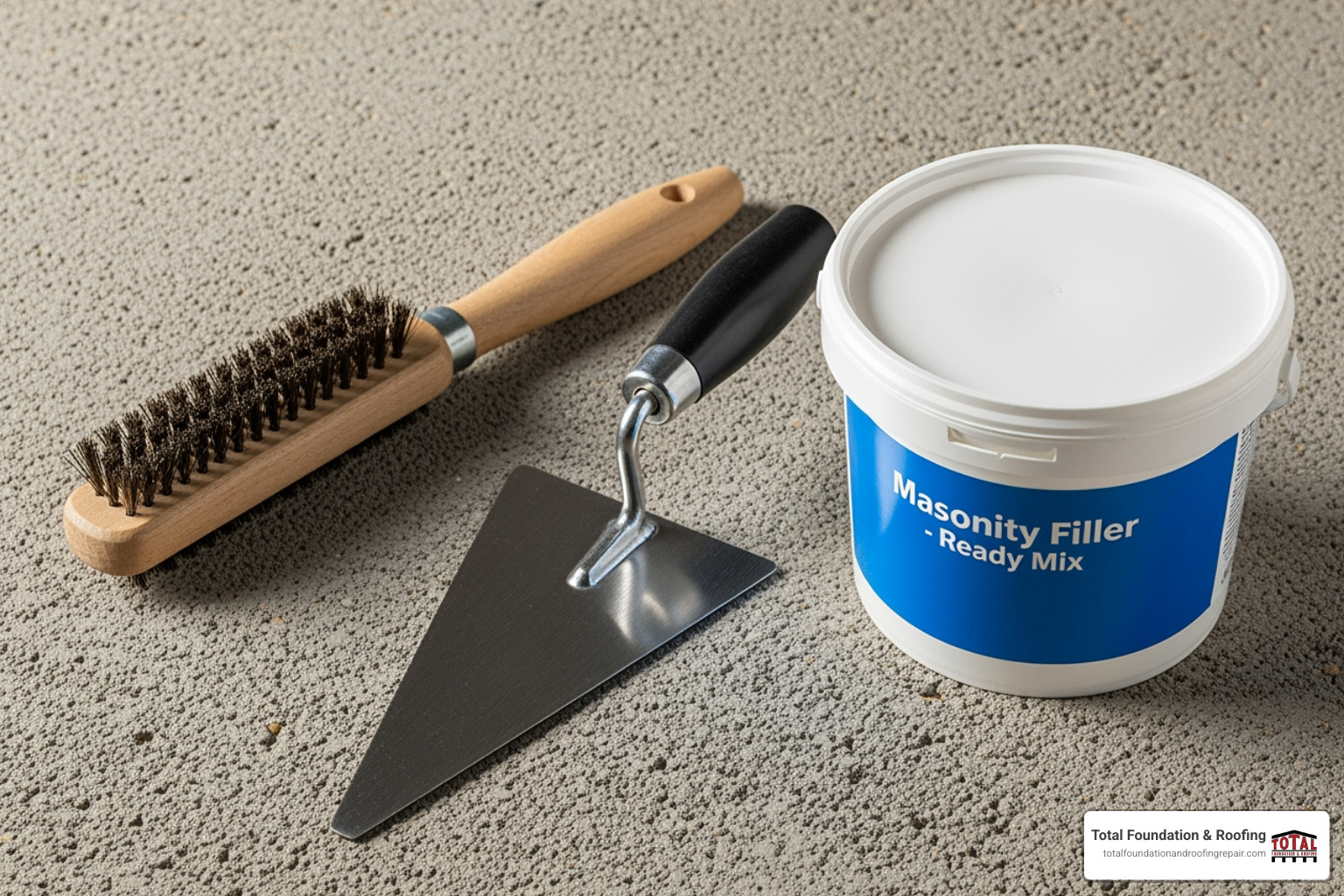 DIY repair tools like a wire brush, trowel, and a tub of masonry filler - cement block wall crack repair