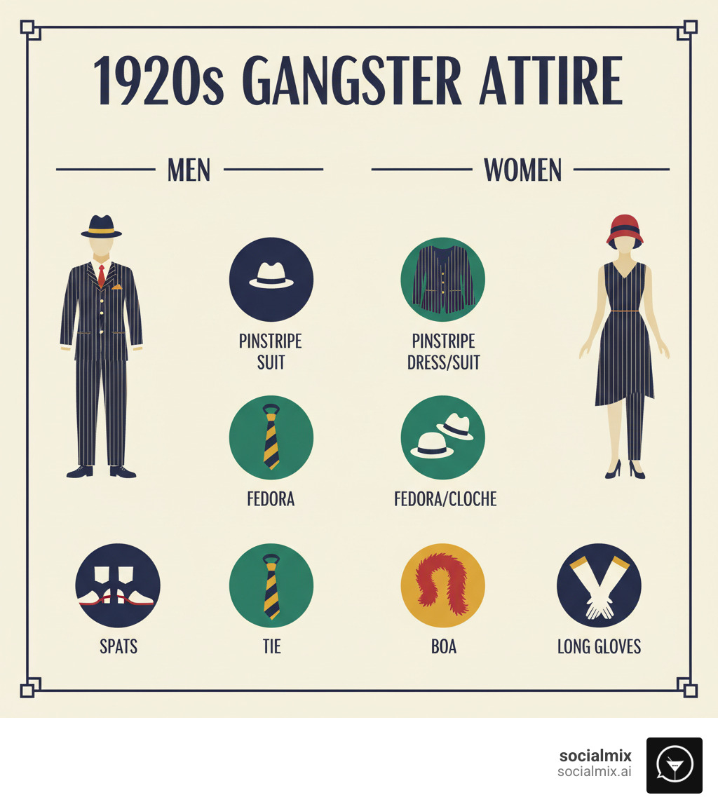 Infographic detailing the essential components of a 1920s gangster costume for men (pinstripe suit, fedora, tie, spats) and women (pinstripe dress/suit, fedora/cloche, boa, long gloves). - 1920s gangster costume infographic 