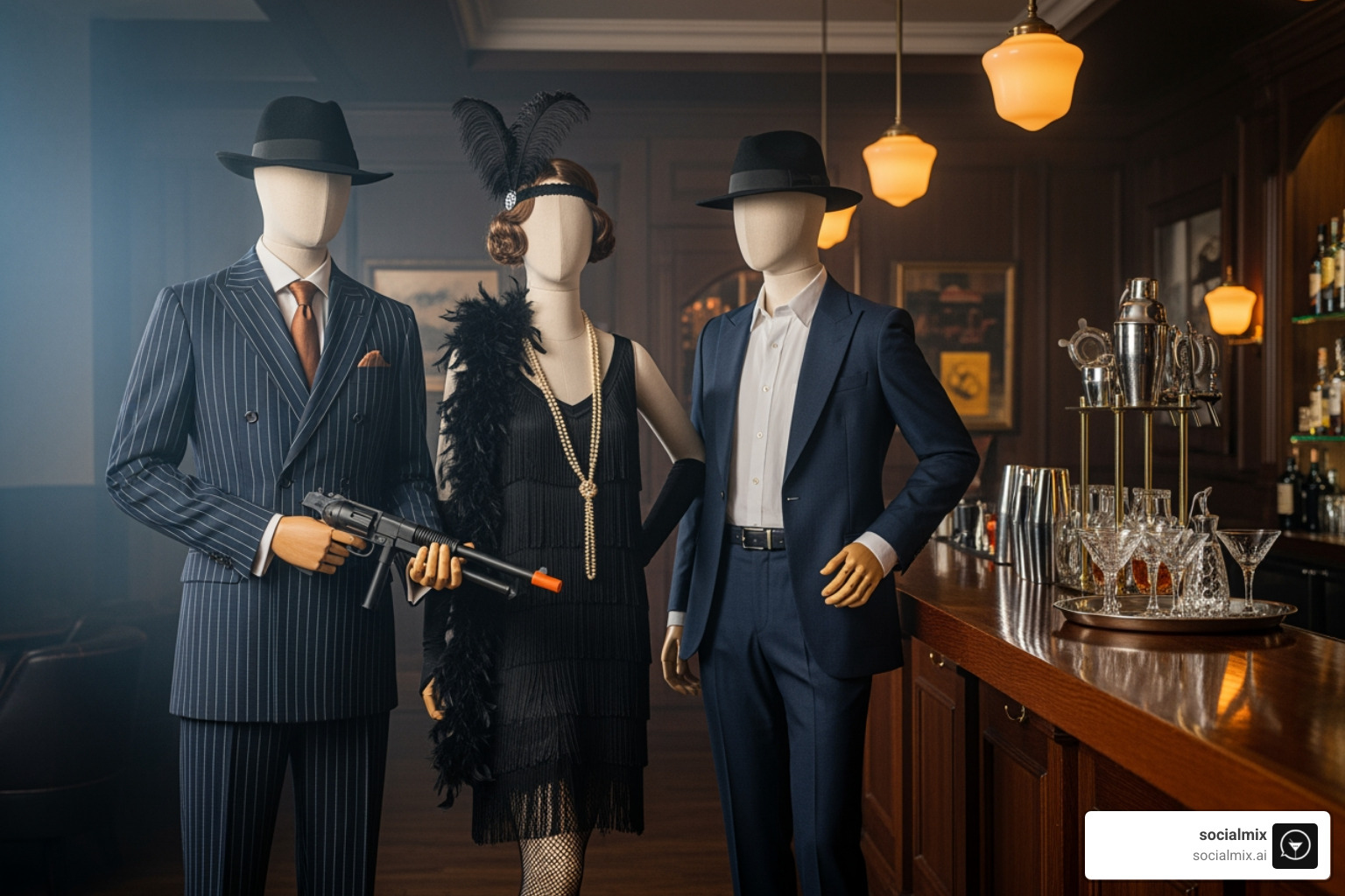 Three gangster costumes (men's, women's, modern twist) on mannequins in a speakeasy-style setting, with cocktail shakers and glasses on a nearby bar. - 1920s gangster costume