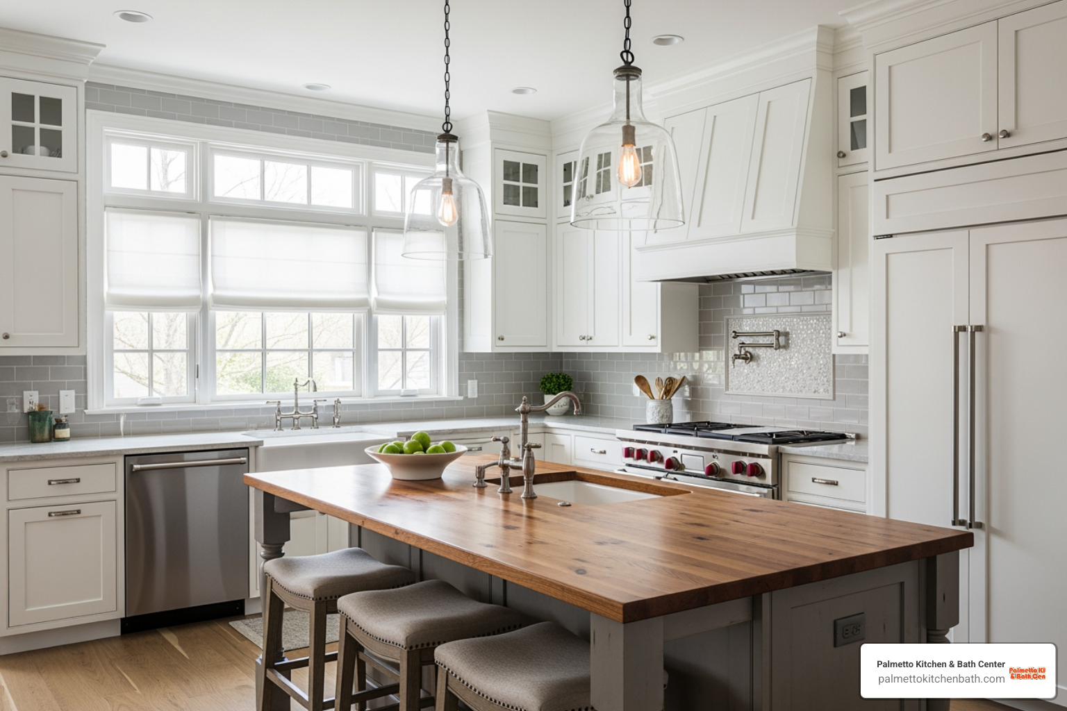 Bright transitional kitchen with white shaker cabinets and a warm wood island - wood and white kitchens Bright transitional kitchen with white shaker cabinets and a warm wood island - wood and white kitchens