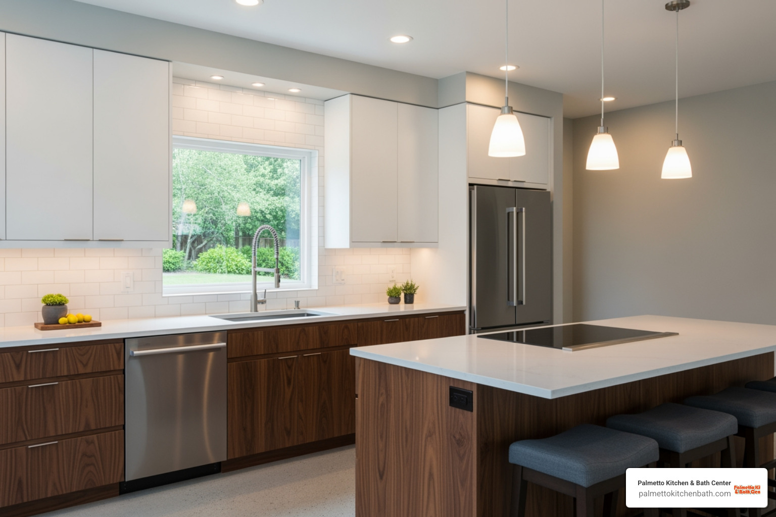 Sleek kitchen with flat-panel white uppers and walnut lowers - wood and white kitchens Sleek kitchen with flat-panel white uppers and walnut lowers - wood and white kitchens