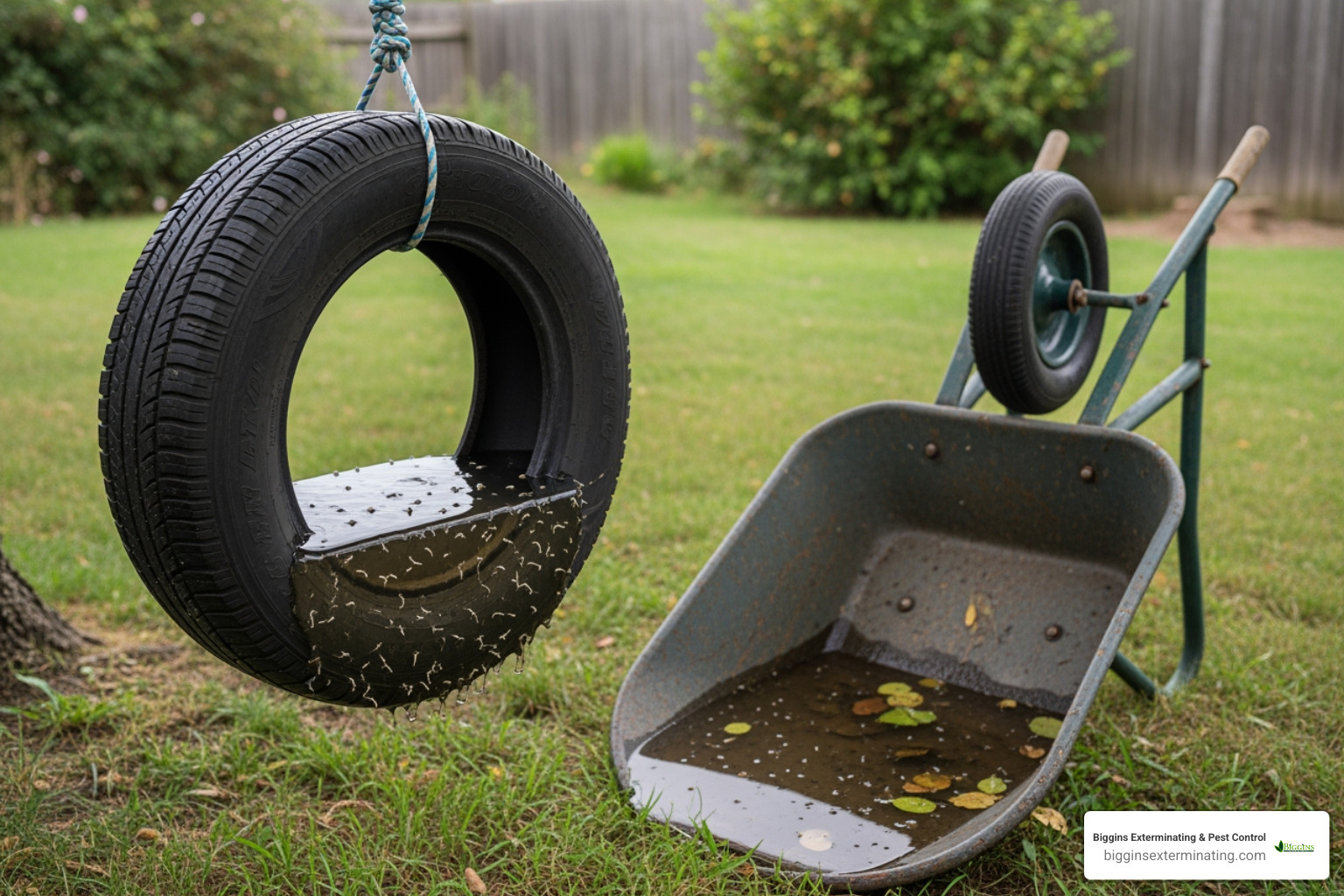 Image of common mosquito breeding spots like a tire swing holding water and an overturned wheelbarrow. - mosquito control Andover MA