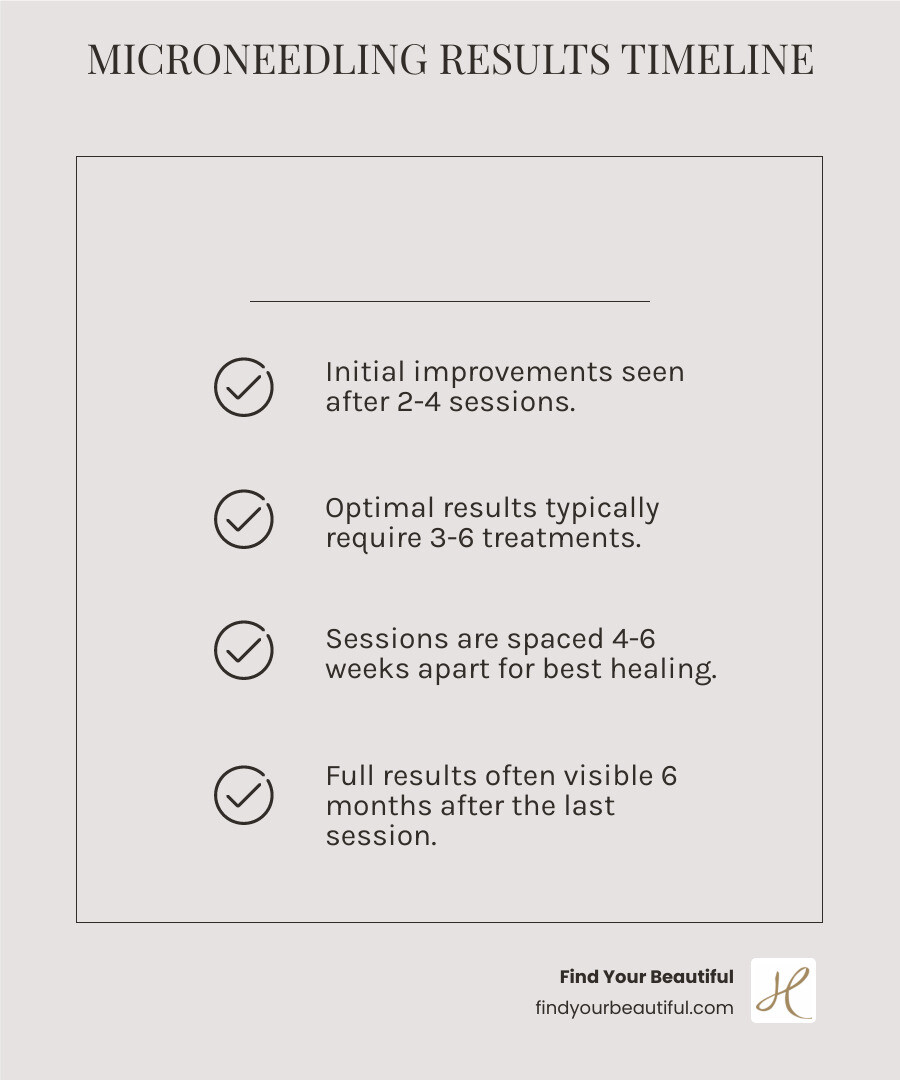 Infographic showing the timeline and expected results of microneedling for stretch marks, including number of sessions, spacing, and typical improvements seen before and after treatment - microneedling for stretch marks before and after infographic checklist-light-beige