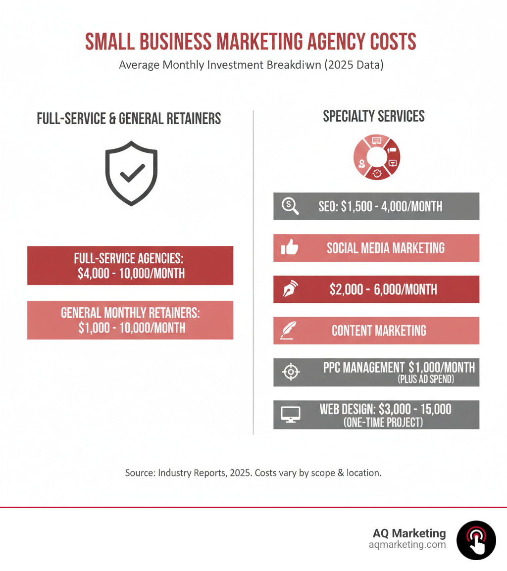 Average monthly marketing agency costs for small businesses, broken down by service type and full-service retainers. - average marketing agency budget for small businesses infographic 