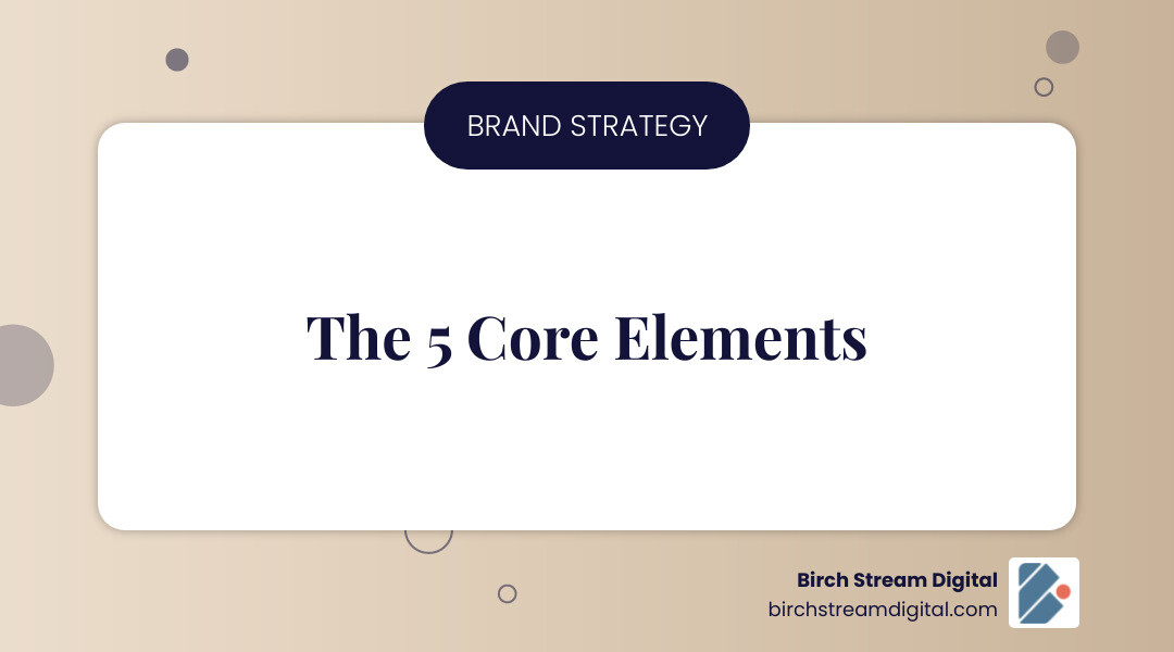 Infographic showing the five core elements of brand strategy definition: Purpose (your mission and vision), Audience (who you serve), Positioning (your unique market space), Personality (voice, story, and values), and Identity (visual and sensory signature). Each element is illustrated with simple icons and connected to show how they work together to create a complete brand strategy. - brand strategy definition infographic simple-info-landscape-card