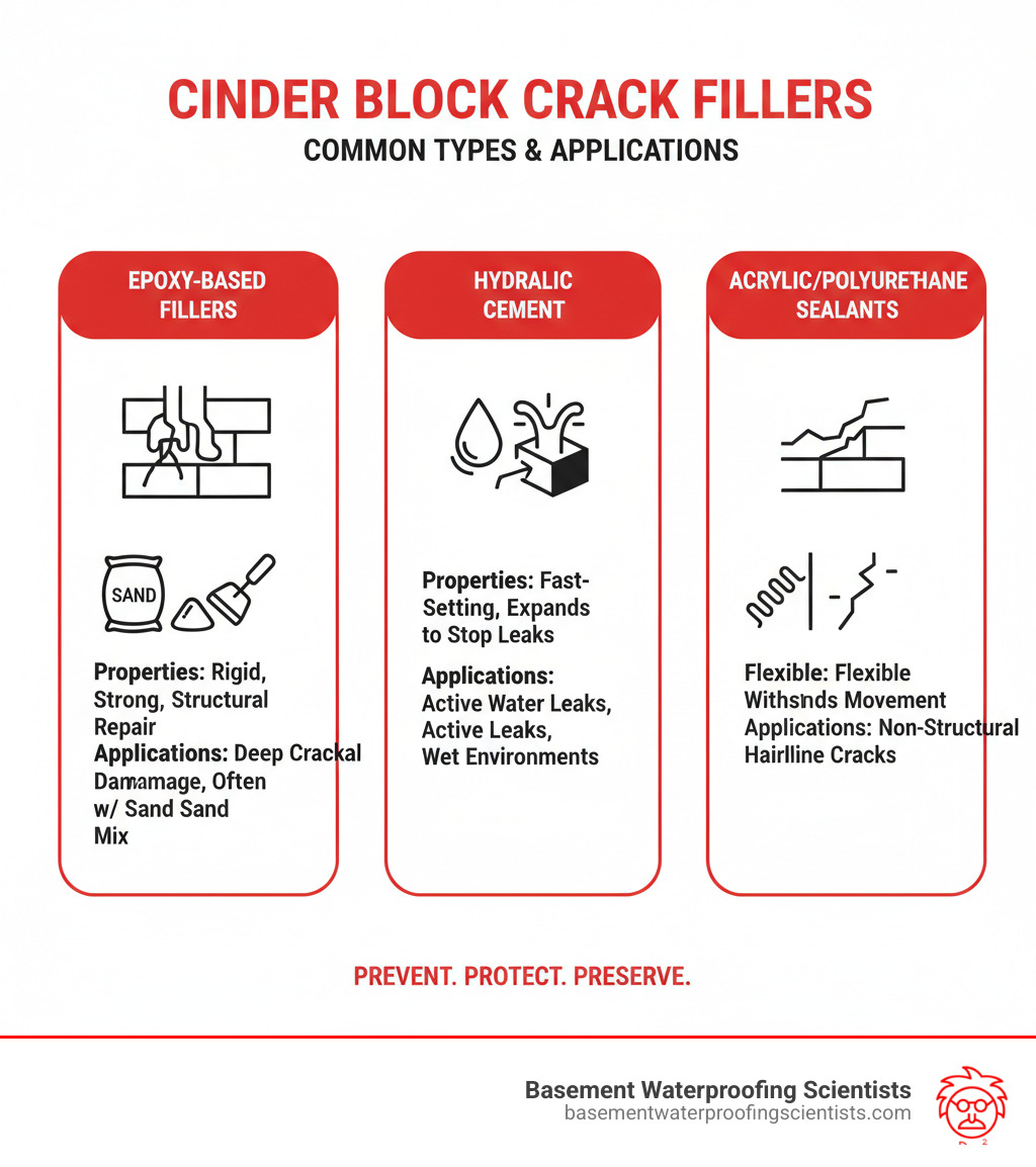 Infographic showing common types of cinder block crack fillers, their properties, and ideal applications - cinder block crack filler infographic Infographic showing common types of cinder block crack fillers, their properties, and ideal applications - cinder block crack filler infographic