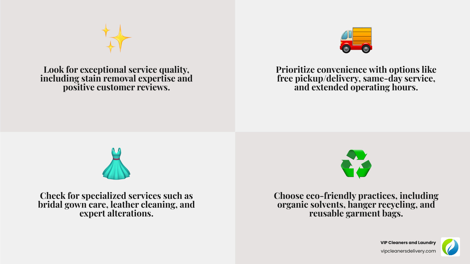 Infographic showing key factors for choosing dry cleaners in La Jolla: Service Quality (check for stain removal expertise and customer reviews), Convenience (pickup/delivery, same-day options, operating hours), Specialized Services (bridal gowns, leather/suede, alterations, household items), Eco-Friendly Practices (organic solvents, hanger recycling, reusable bags), Experience (years in business, awards, local reputation), and Pricing (transparent costs, competitive rates, specialty item fees) - dry cleaners la jolla infographic 4_facts_emoji_grey Infographic showing key factors for choosing dry cleaners in La Jolla: Service Quality (check for stain removal expertise and customer reviews), Convenience (pickup/delivery, same-day options, operating hours), Specialized Services (bridal gowns, leather/suede, alterations, household items), Eco-Friendly Practices (organic solvents, hanger recycling, reusable bags), Experience (years in business, awards, local reputation), and Pricing (transparent costs, competitive rates, specialty item fees) - dry cleaners la jolla infographic 4_facts_emoji_grey