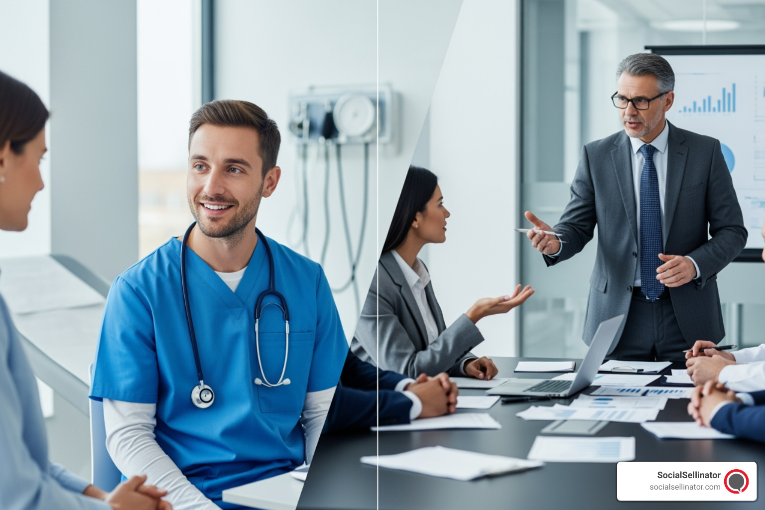 Split screen showing a doctor talking to a patient (B2C) and a hospital administrator in a meeting (B2B) - lead generation for healthcare