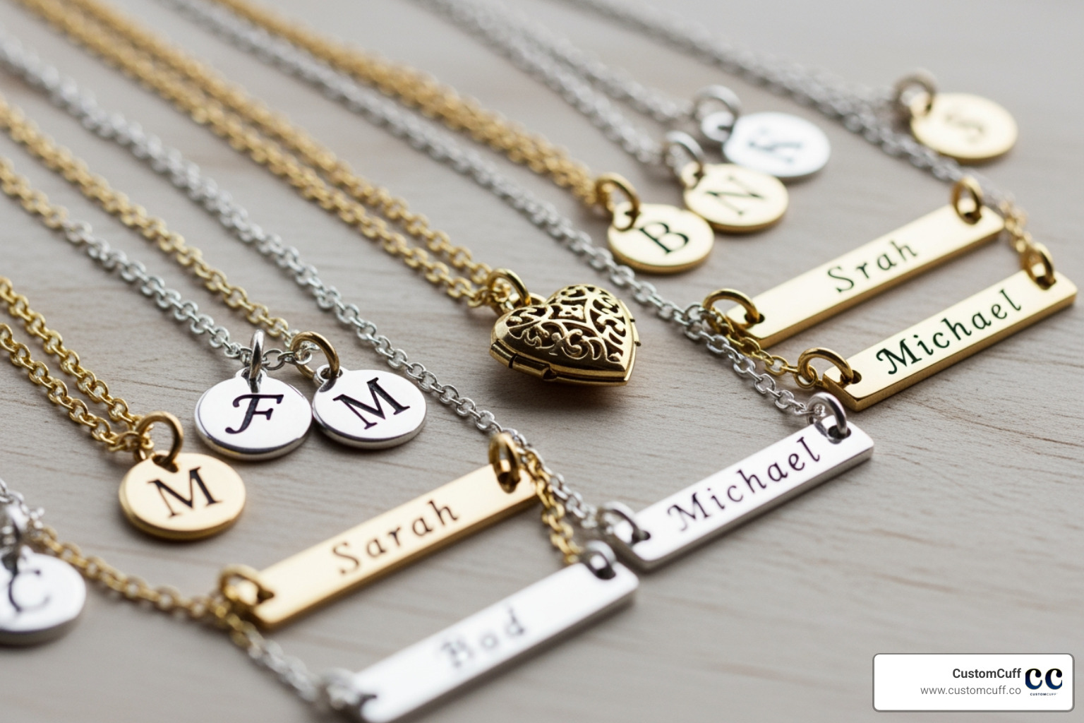 various nameplate and initial necklaces in different fonts and metals - personalized necklaces