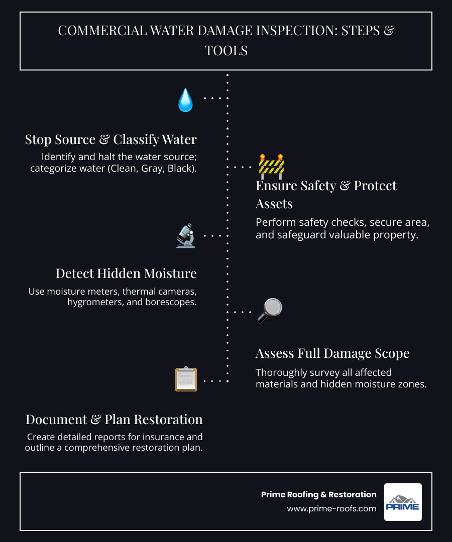 Infographic detailing key steps and tools in a water damage inspection - water damage inspection infographic infographic-line-5-steps-dark