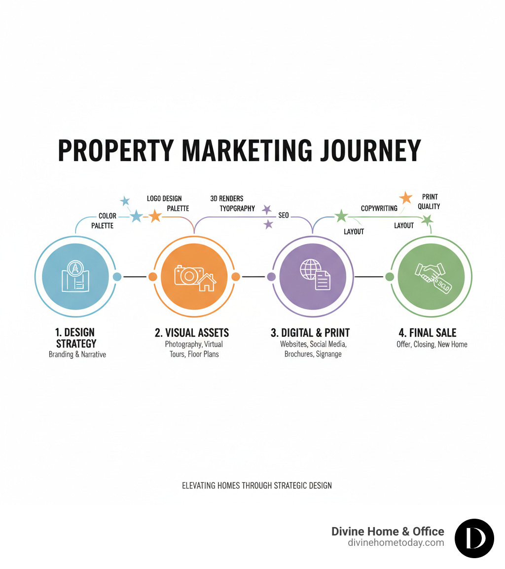Infographic detailing the journey of a property listing from initial design strategy through visual asset creation, digital and print integration, and final sale, highlighting key design touchpoints. - Property marketing design infographic 