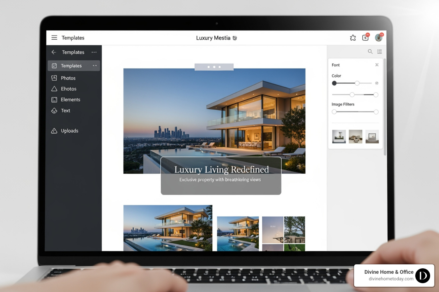 User-friendly design platform on a laptop screen, creating a real estate social media post for a luxury Denver home, bright and clean interface. - Property marketing design