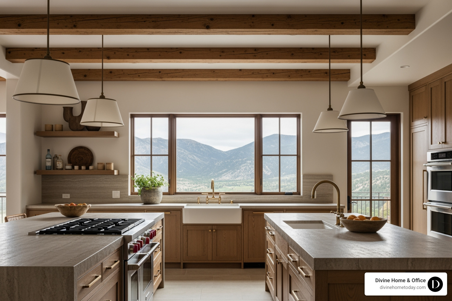 Professional real estate photographer capturing a staged kitchen in a luxury Denver home, warm wood cabinetry, stone countertops, bright natural light. - Property marketing design