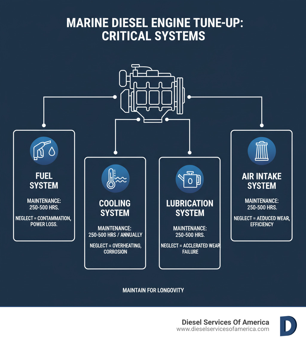 Infographic showing the four critical systems in a marine diesel engine tune-up: Fuel, Cooling, Lubrication, and Air Intake. Each system shows key maintenance intervals in operating hours and highlights the consequences of neglect such as fuel contamination, overheating, accelerated wear, and reduced power. - tune up motor diesel infographic 
