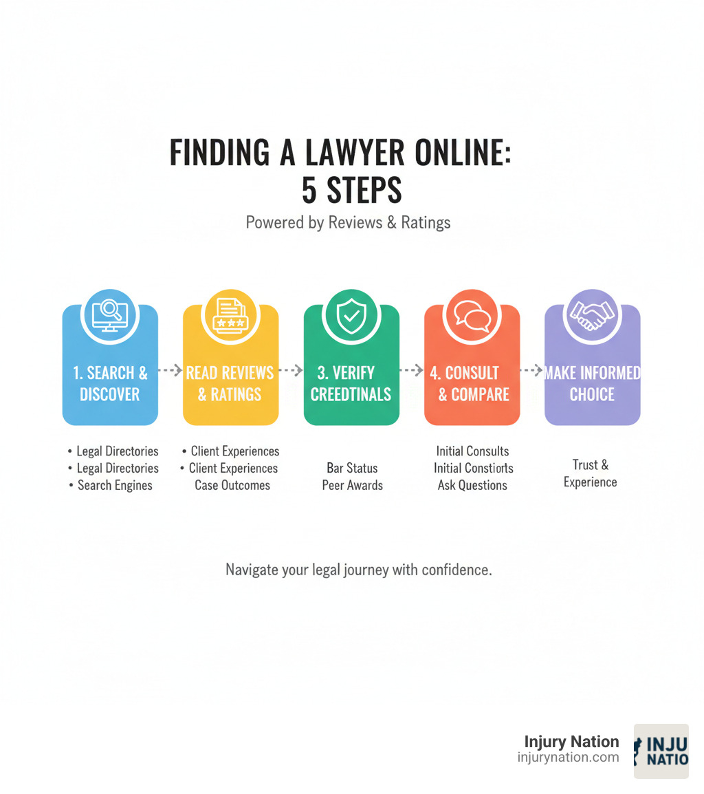 infographic explaining the 5-step process of finding a lawyer using online resources - lawyer reviews infographic 