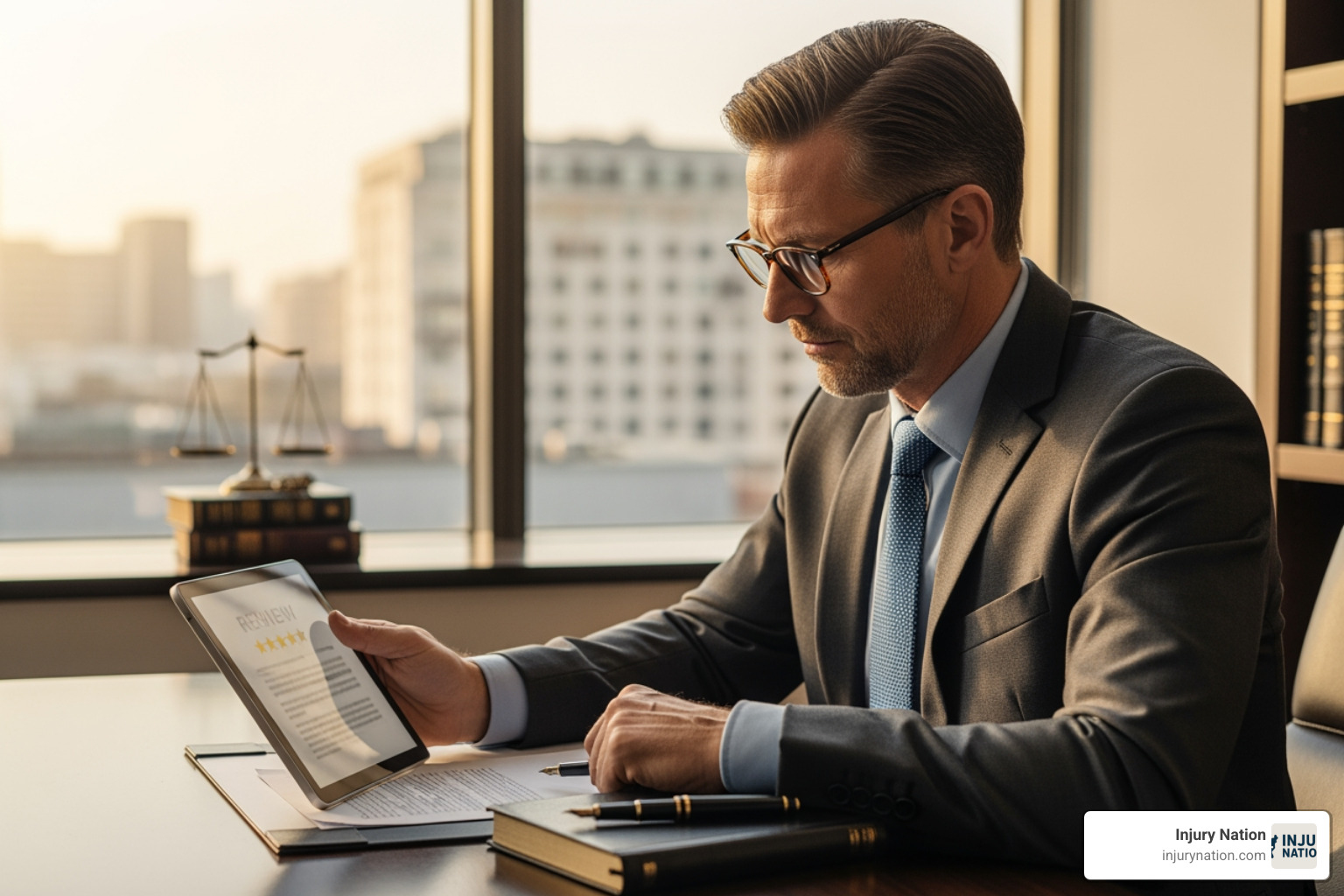 magnifying glass over computer screen showing star ratings - lawyer reviews