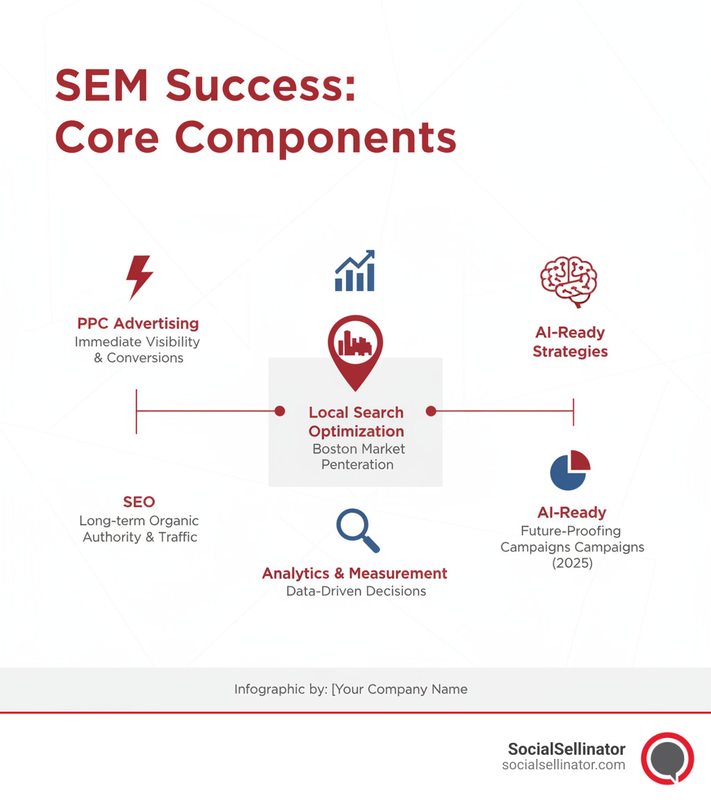 Infographic showing the core components of Search Engine Marketing: PPC Advertising for immediate visibility and conversions, SEO for long-term organic authority and traffic, Local Search Optimization for Boston market penetration, Analytics and Measurement for data-driven decisions, and AI-Ready Strategies for future-proofing your campaigns - search engine marketing firm boston infographic 