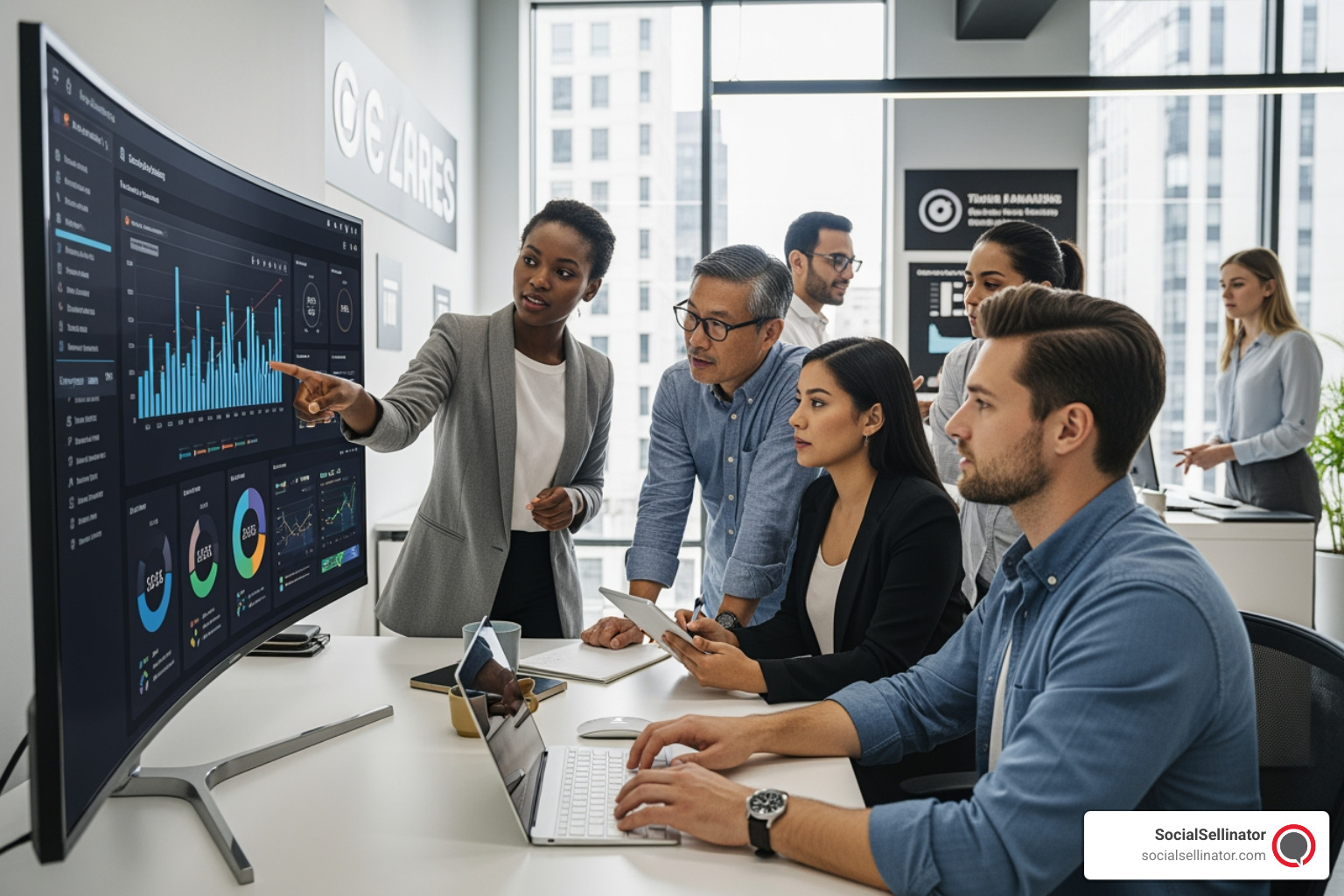 Marketing team collaborating around a computer screen showing analytics dashboards - search engine marketing firm boston