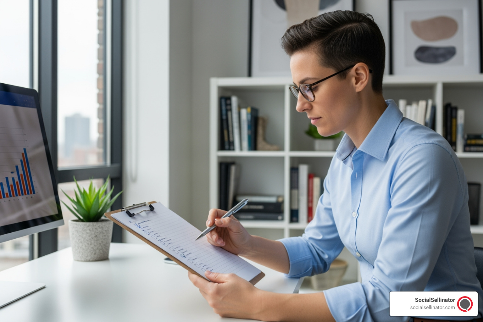 Person carefully reviewing a checklist on a clipboard - search engine marketing firm boston