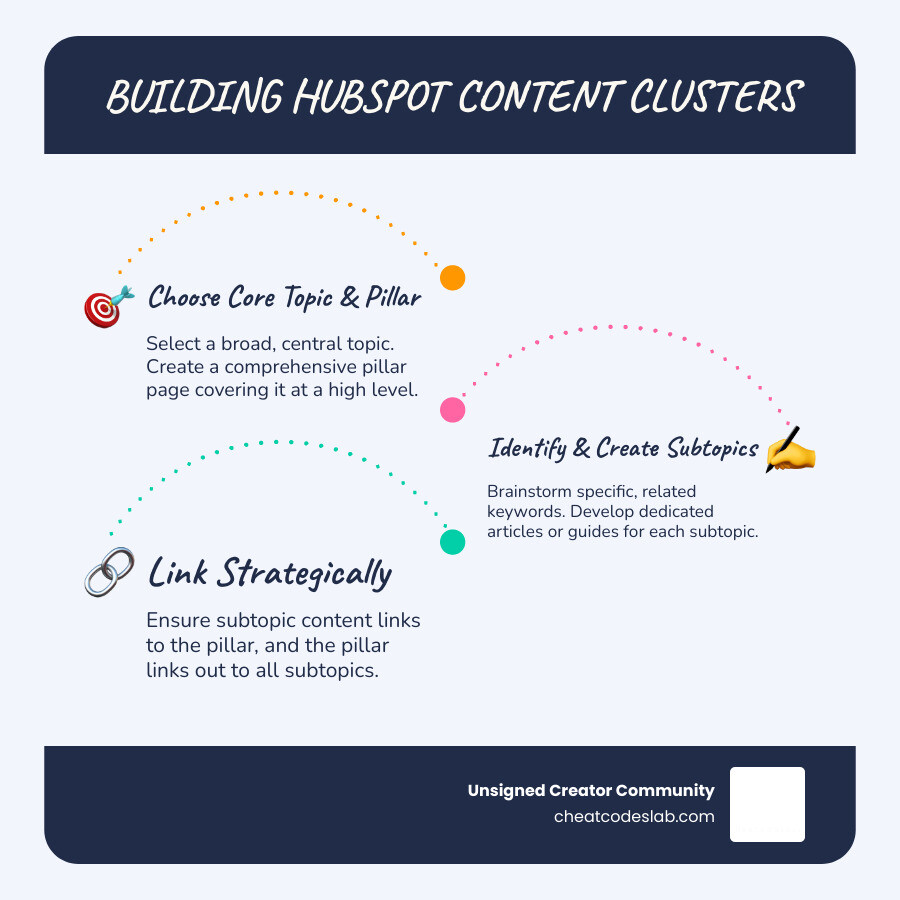Infographic illustrating the process of building a HubSpot content cluster, showing a central pillar page connected by internal links to multiple surrounding subtopic content pieces (blog posts, guides, etc.), with arrows indicating bidirectional linking, and key steps like "Choose Topic," "Create Pillar," "Develop Subtopics," and "Link Content." - hubspot content clusters infographic infographic-line-3-steps-blues-accent_colors Infographic illustrating the process of building a HubSpot content cluster, showing a central pillar page connected by internal links to multiple surrounding subtopic content pieces (blog posts, guides, etc.), with arrows indicating bidirectional linking, and key steps like "Choose Topic," "Create Pillar," "Develop Subtopics," and "Link Content." - hubspot content clusters infographic infographic-line-3-steps-blues-accent_colors