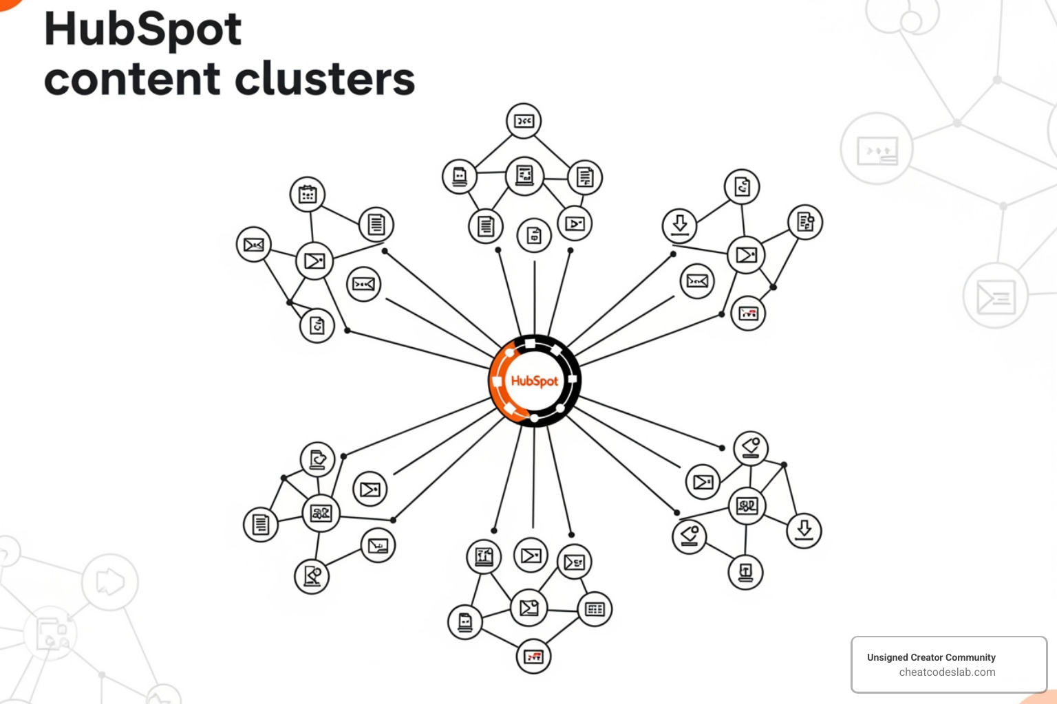 HubSpot SEO tool interface showing a topic cluster visualization with a central topic and connected subtopics - hubspot content clusters HubSpot SEO tool interface showing a topic cluster visualization with a central topic and connected subtopics - hubspot content clusters