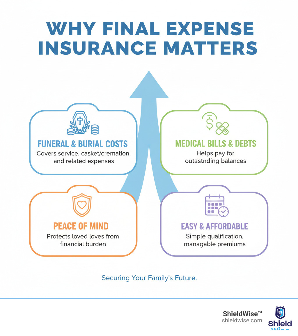 Infographic detailing why final expense insurance is important, covering funeral costs, medical bills, outstanding debts, and providing peace of mind for families - Why final expense insurance? infographic 