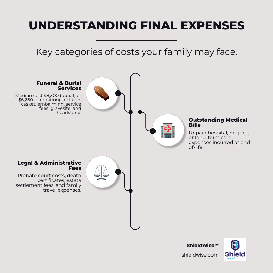 infographic explaining the main categories of final expenses: Funeral and Burial Services ($8,300 median for burial, $6,280 for cremation) including casket, embalming, service fees, gravesite, and headstone; Outstanding Medical Bills including hospice care, hospital bills, and long-term care costs; Legal and Administrative Fees including probate costs, death certificates, estate settlement, and family travel expenses - What are final expenses? infographic infographic-line-3-steps-elegant_beige