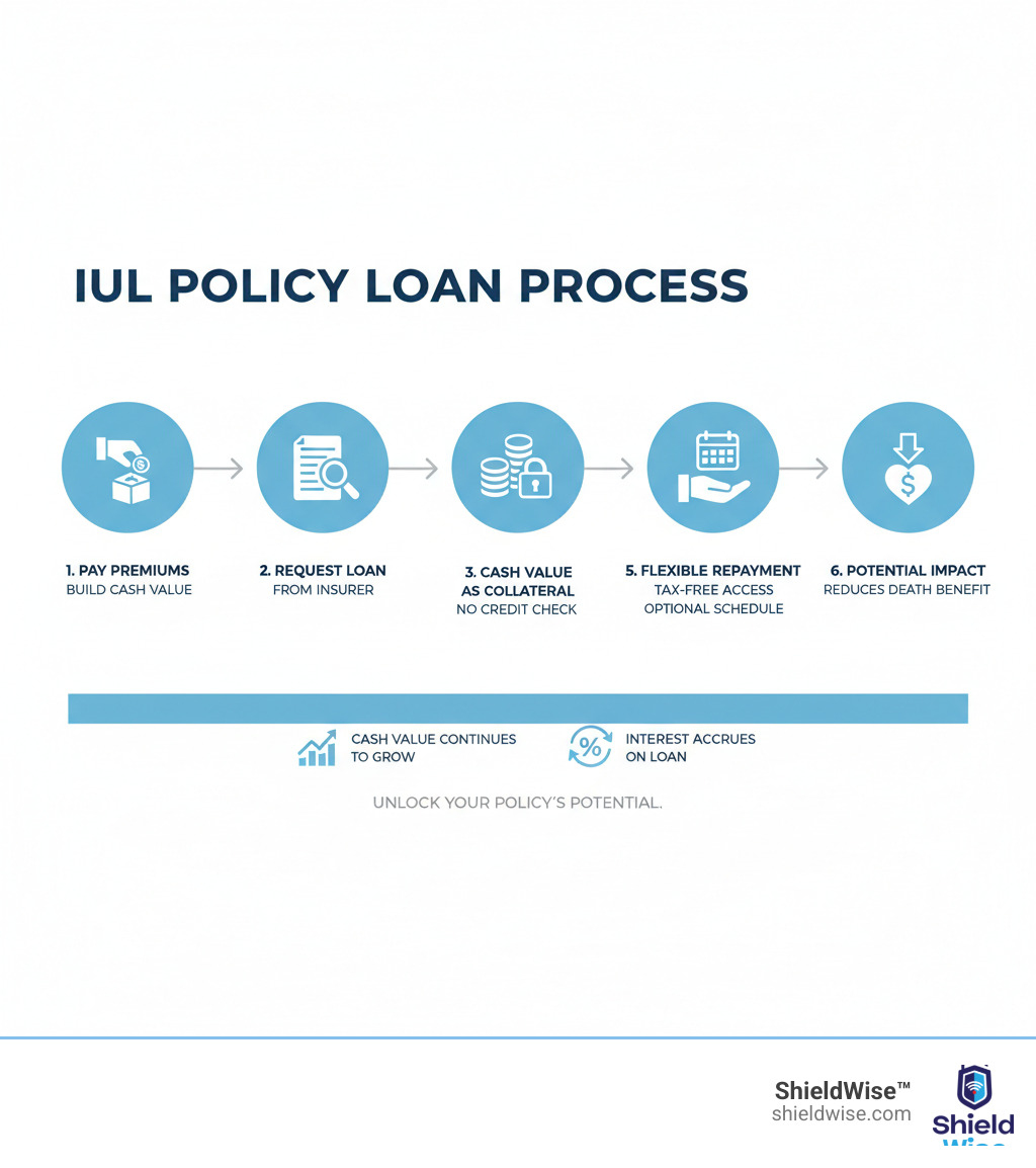 Infographic detailing the process of an IUL policy loan, from paying premiums to accessing cash - How IUL loans work infographic 