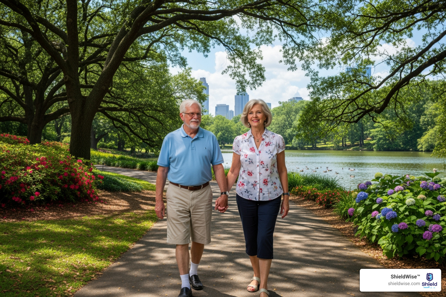 Senior couple smiling and walking in an Atlanta park - final expense insurance Atlanta