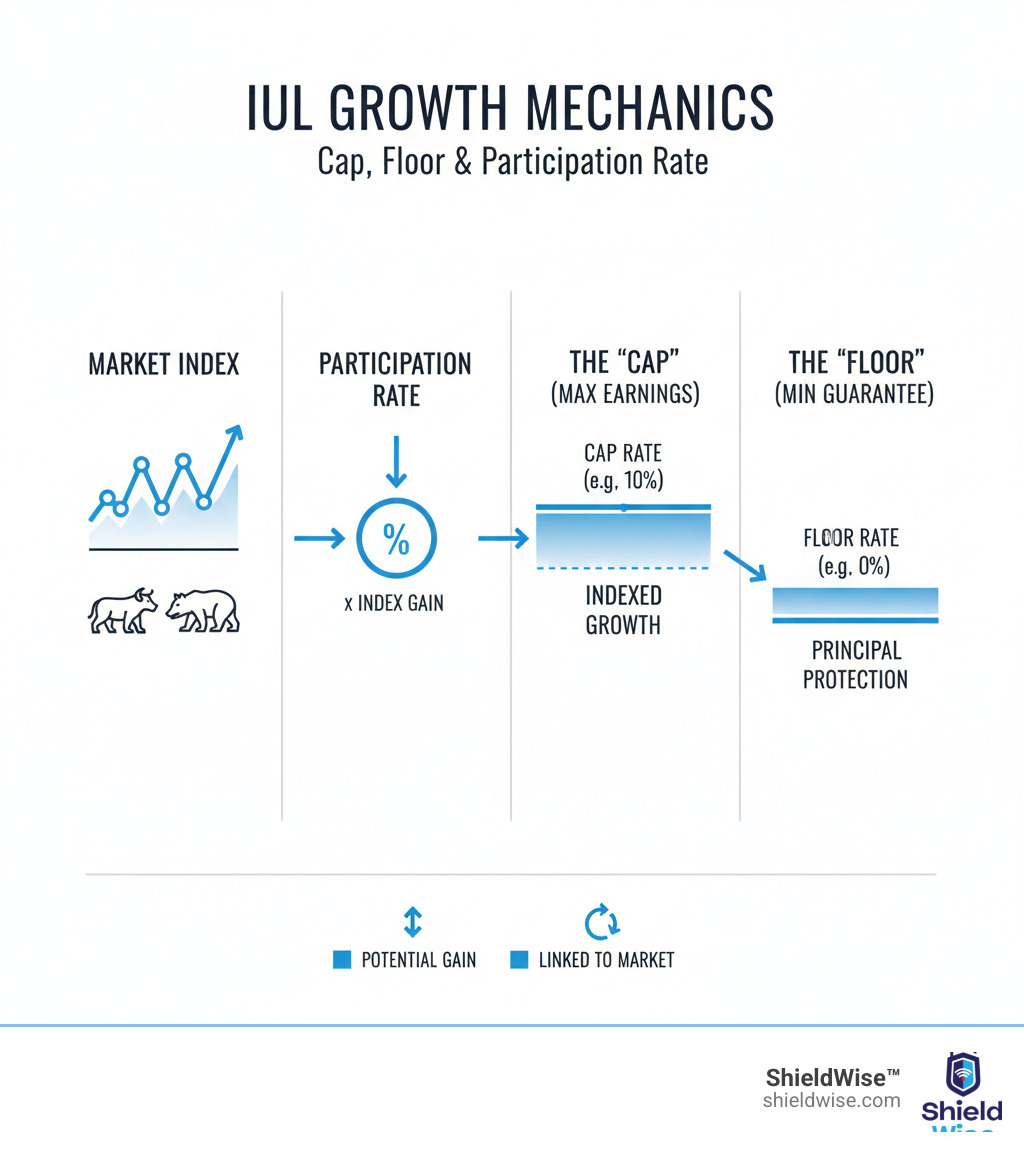 Infographic explaining how an IUL's cap, floor, and participation rate work together with an underlying market index - What is a cap rate infographic Infographic explaining how an IUL's cap, floor, and participation rate work together with an underlying market index - What is a cap rate infographic