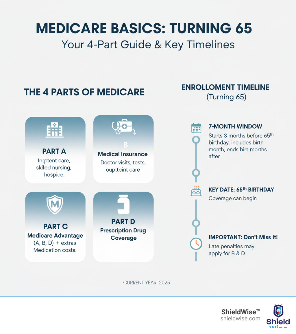 Infographic detailing the 4 main parts of Medicare (A, B, C, D) and their basic functions, with key enrollment timelines for turning 65 - Medicare Basics (Turning 65) infographic 