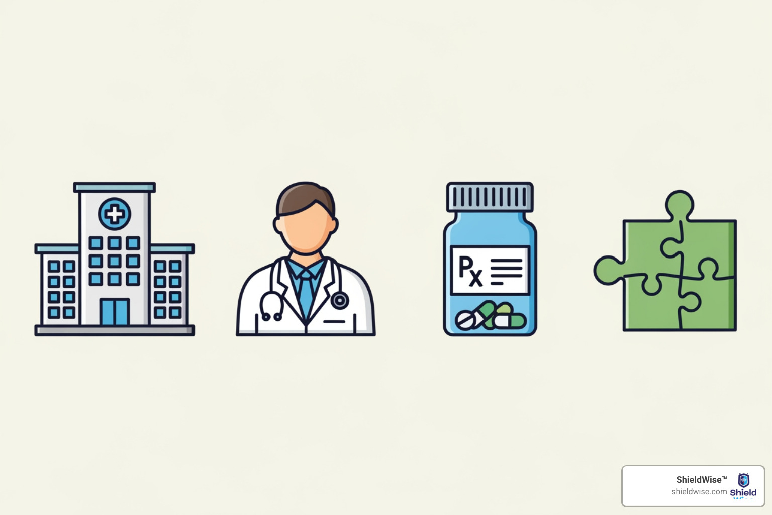 Icons representing a hospital, a doctor, a prescription bottle, and a puzzle piece - Medicare Basics (Turning 65)