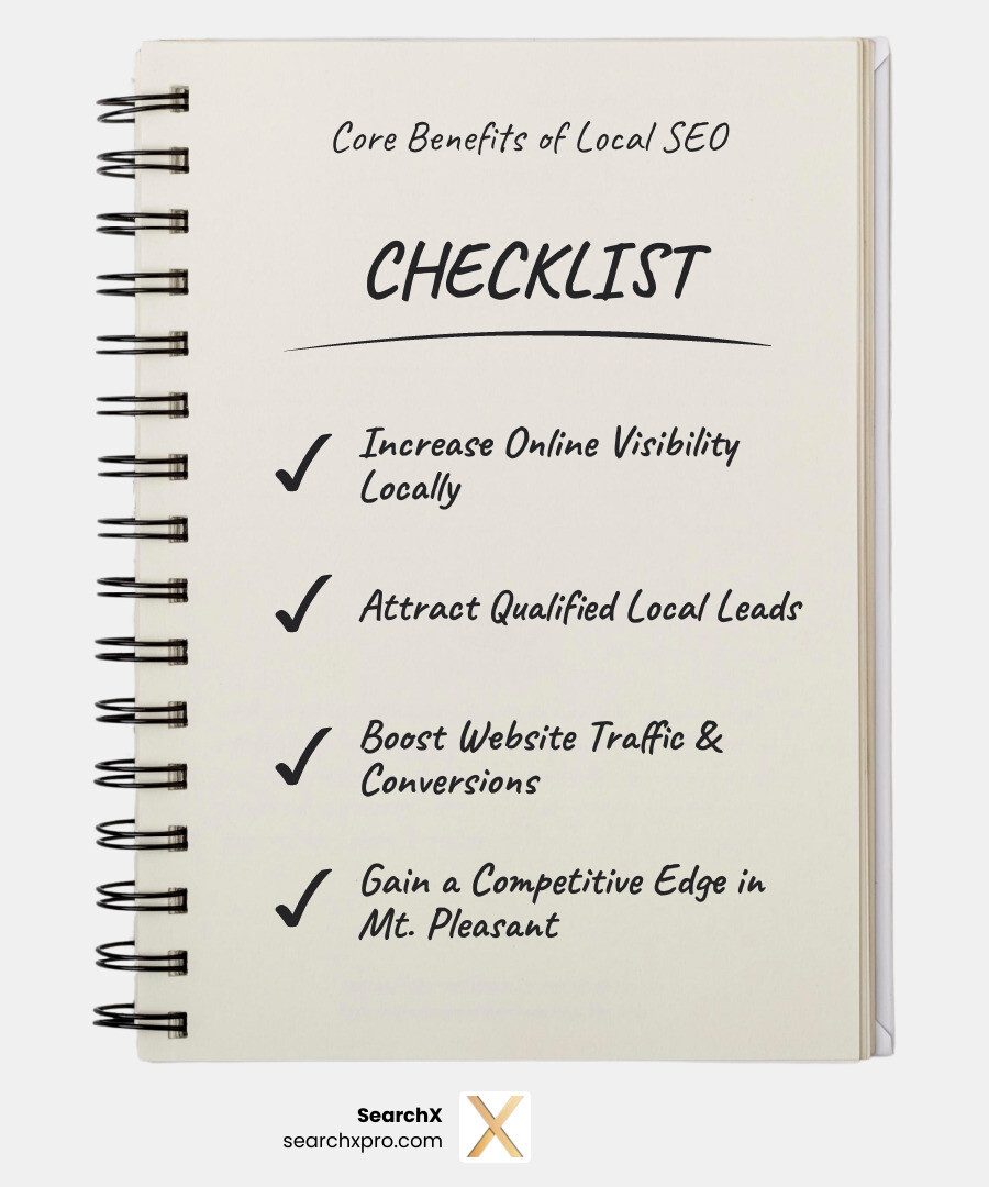 Core benefits of local SEO for small businesses infographic - Mount Pleasant SEO company infographic checklist-notebook